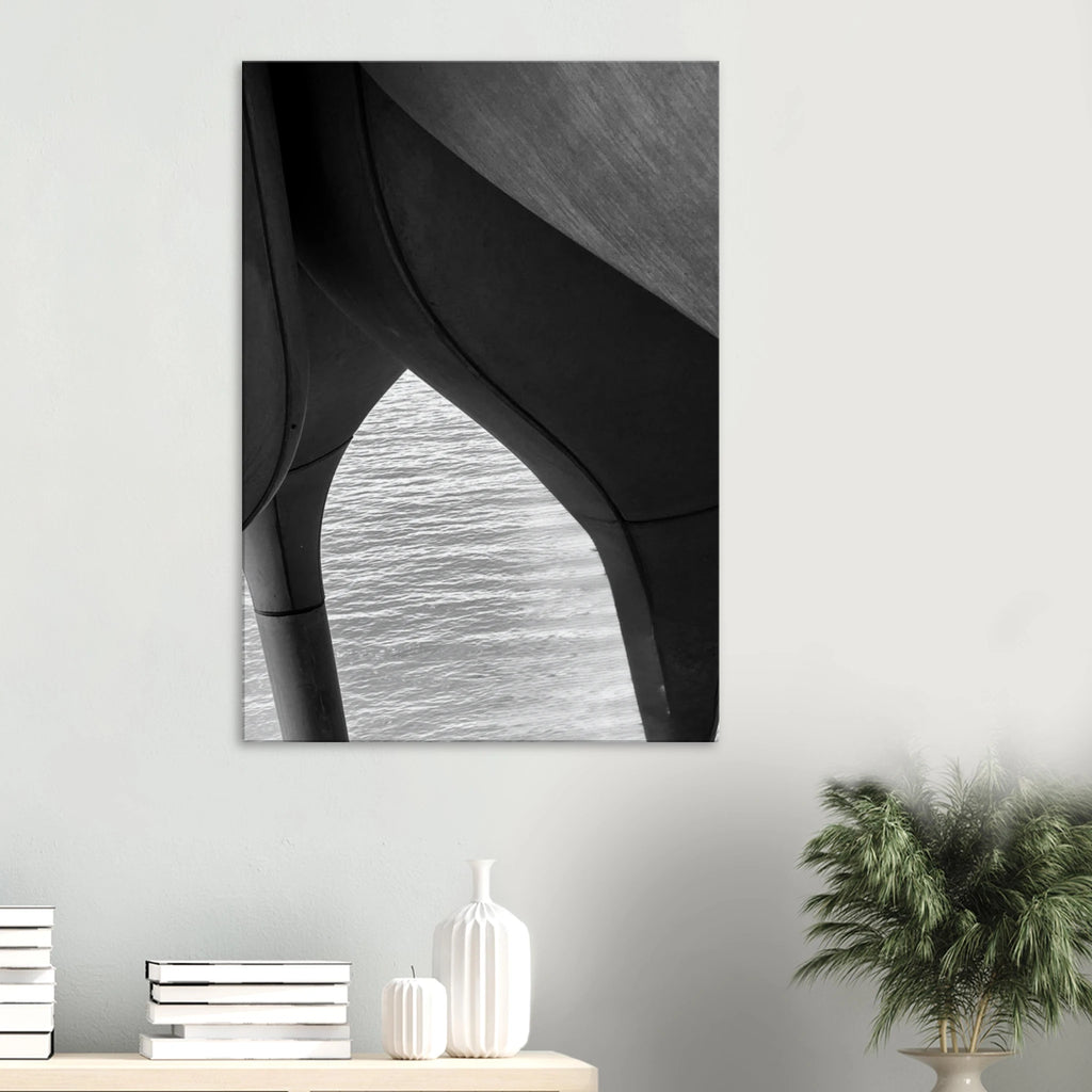 Black and white abstract art print of NYC Hudson River Pier with high heels in water, part of the Studio Edition travel collection.