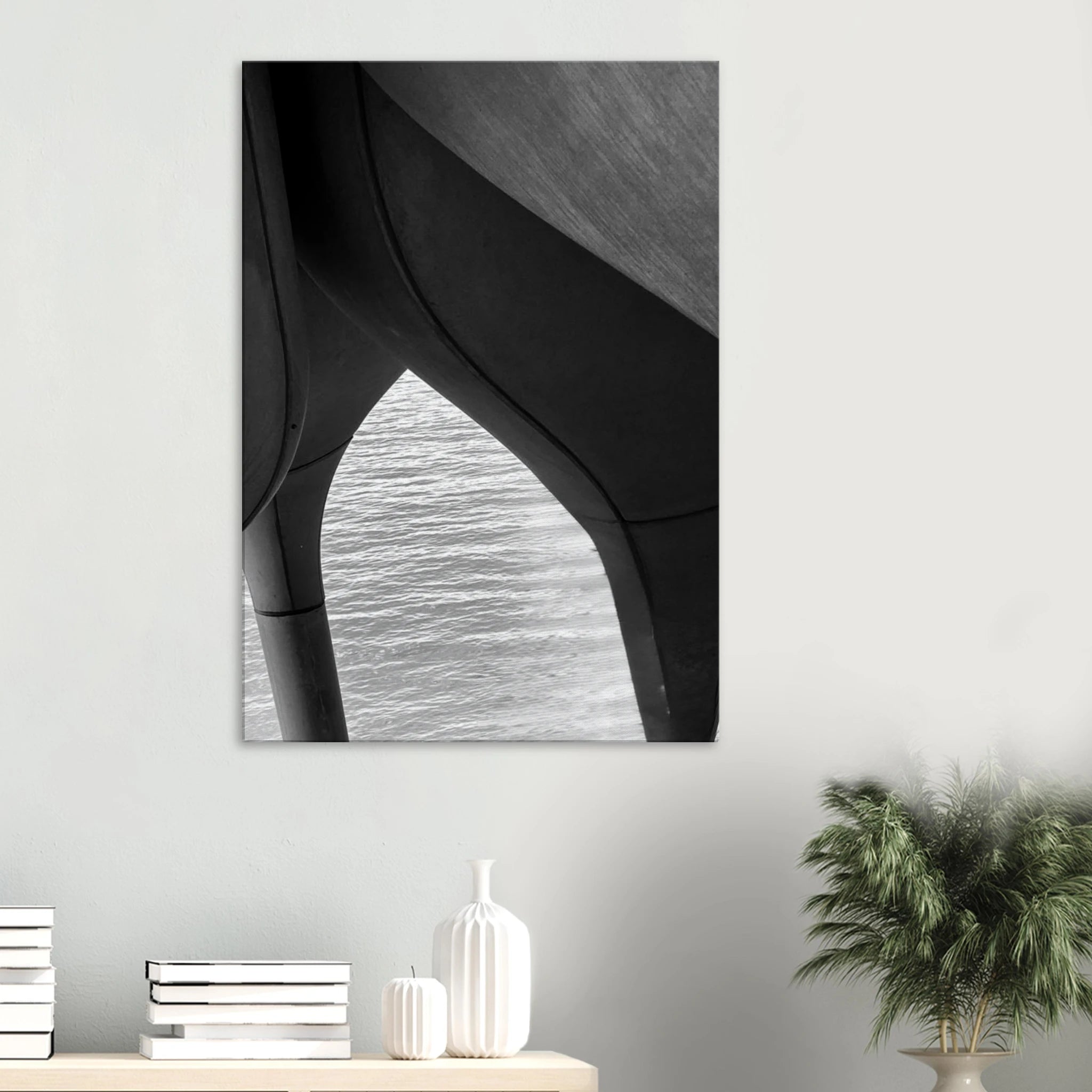 Black and white abstract art print of NYC Hudson River Pier with high heels in water, part of the Studio Edition travel collection.