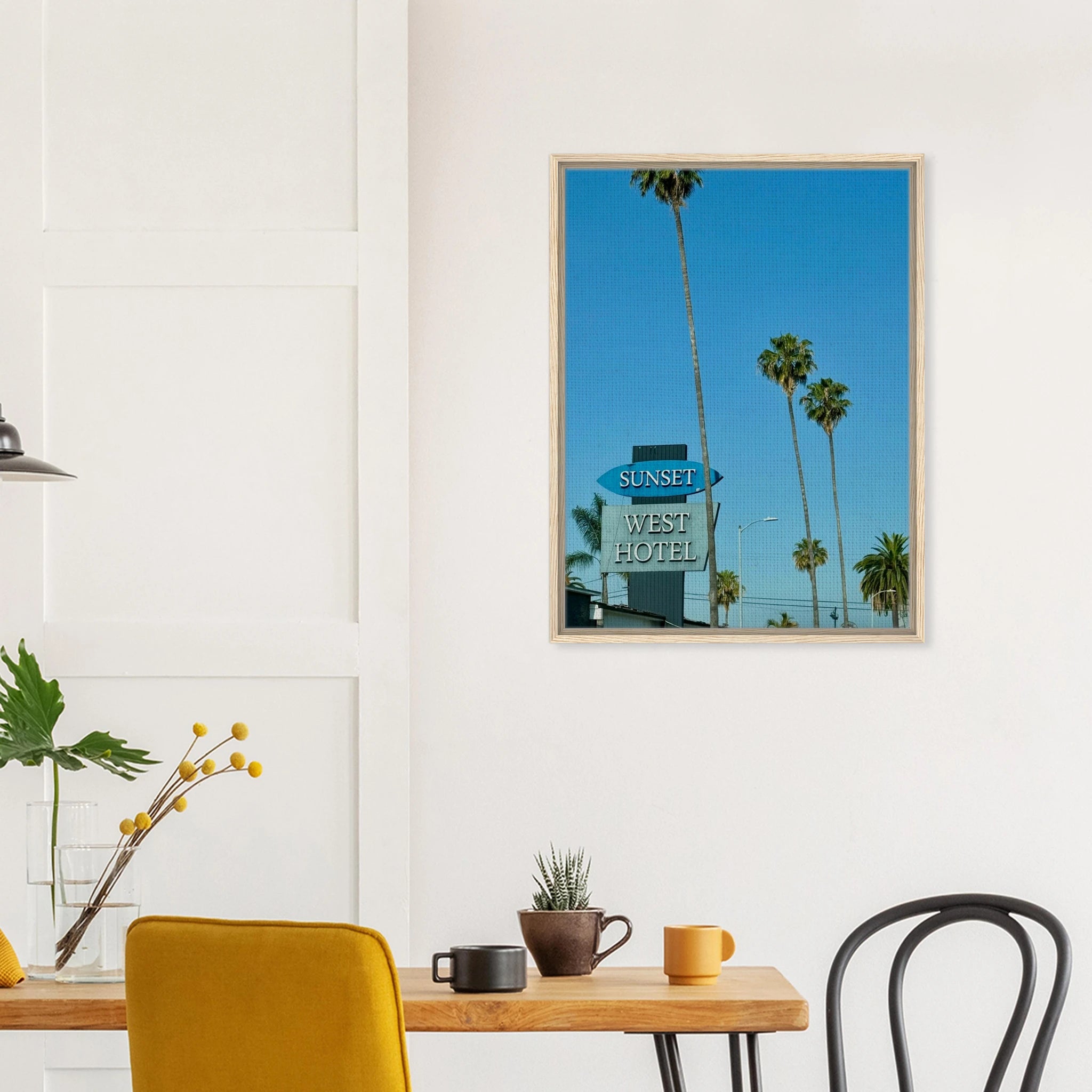 Wooden framed canvas print of Sunset Boulevard West Hotel, celebrity-style California art, studio edition, vibrant sunset scene.