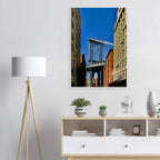 NYC Dumbo skyline wooden framed print by CaliCuration, spring day travel-inspired wall art featuring iconic cityscape, print material.