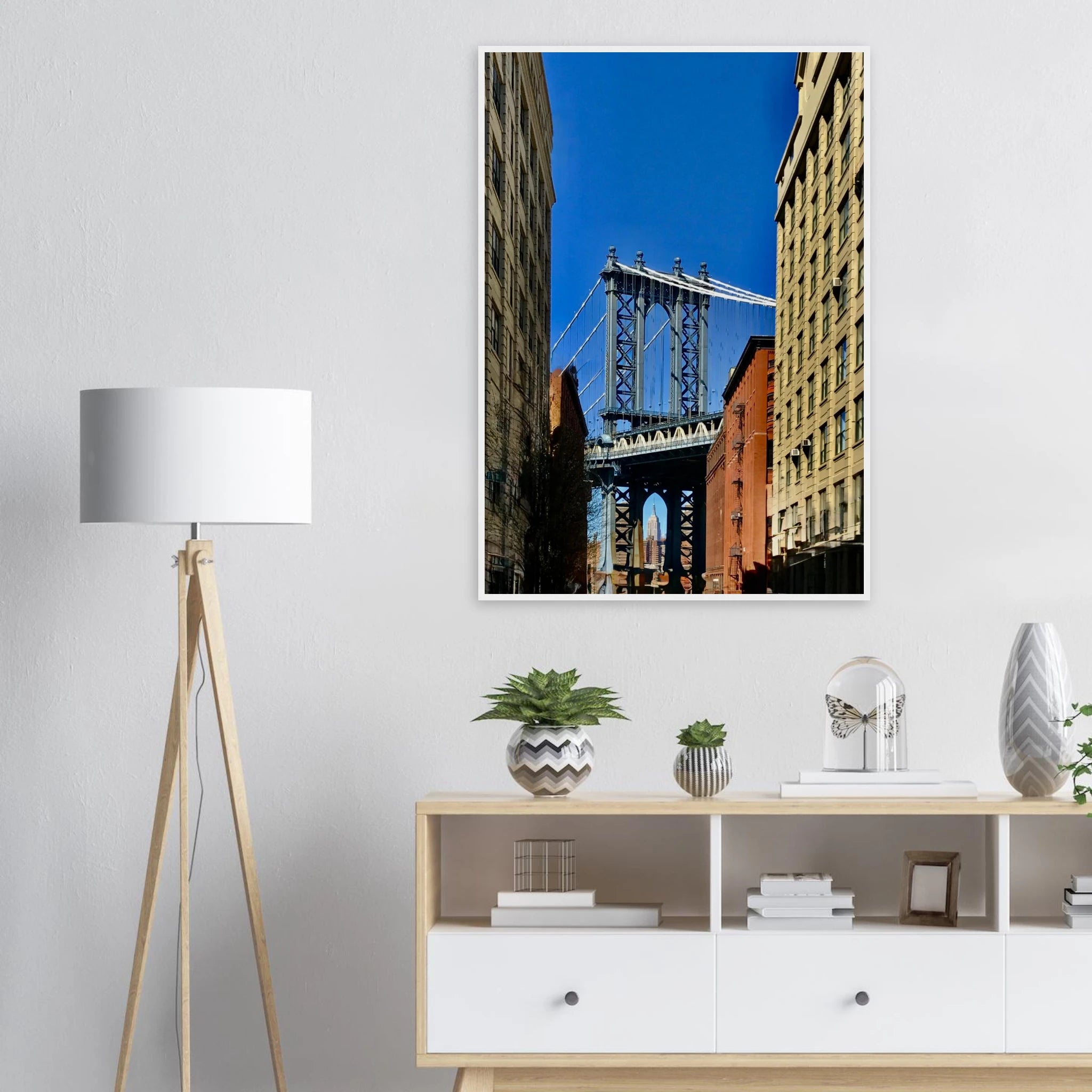 NYC Dumbo skyline wooden framed print by CaliCuration, spring day travel-inspired wall art featuring iconic cityscape, print material.