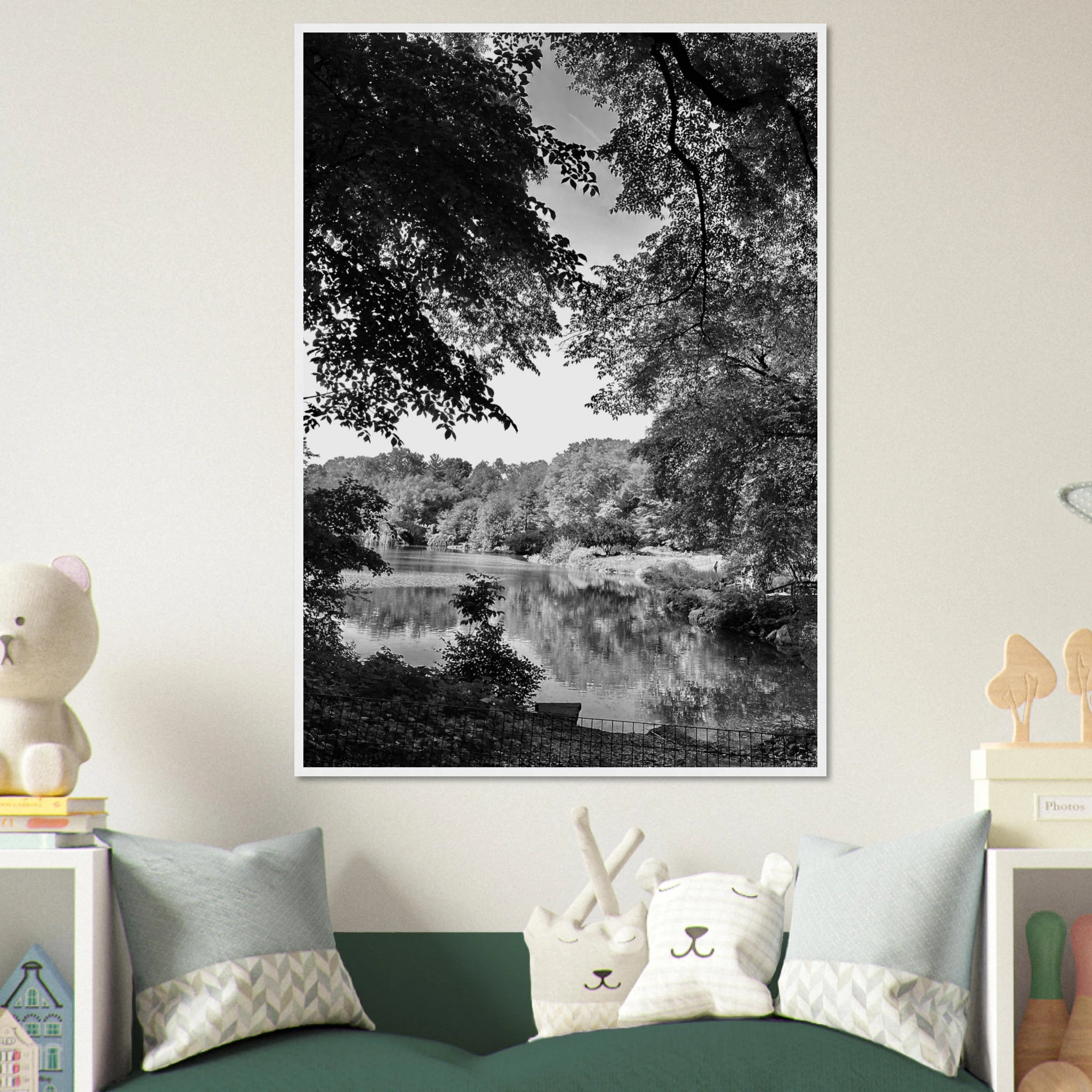 Black and white framed print of Upstate NY summer lake scene from the Studio Edition Travel Collection by My Store.