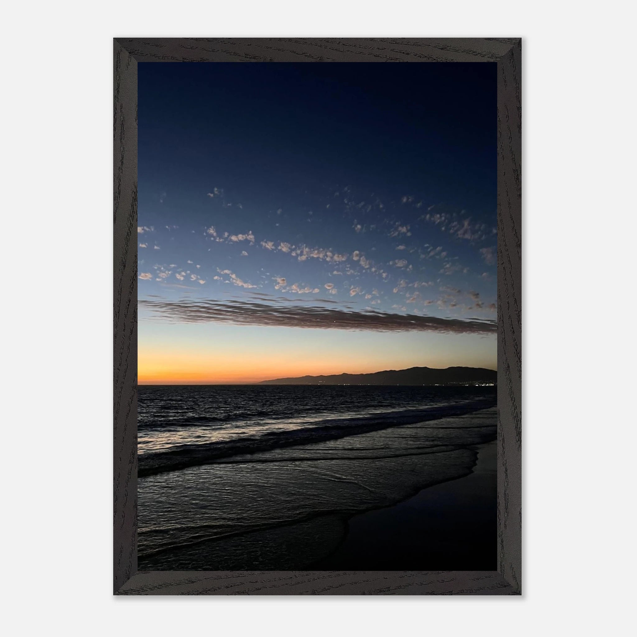 Premium wooden framed poster of a vibrant SoCal fall sunset scene, mounted in a semi-glossy finish for home decor.