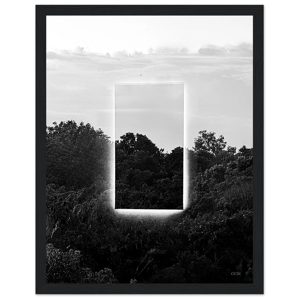 Black and white print titled "A Window into Jungle Stillness" by CaliCuration, showcasing a serene jungle scene in an exclusive edition.