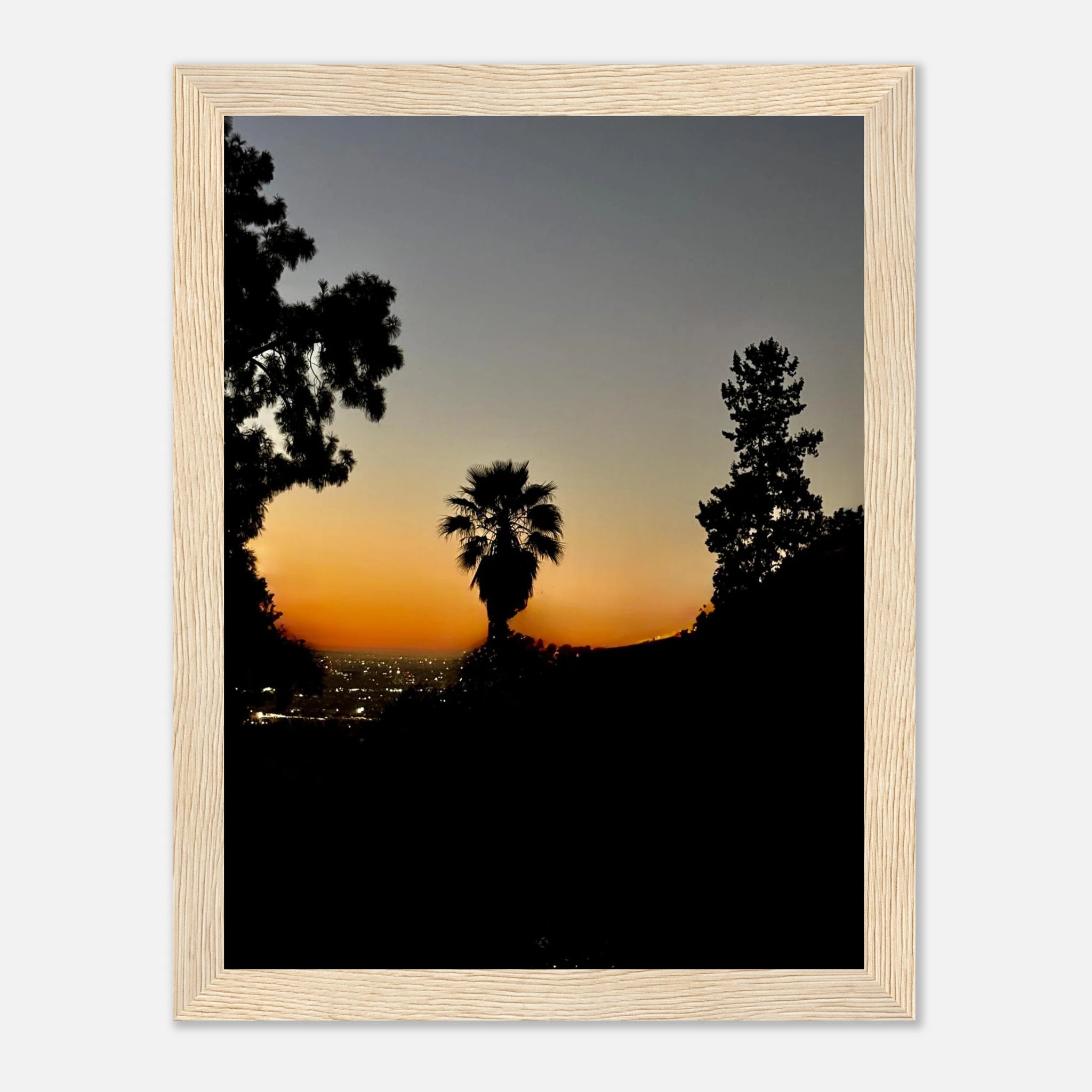 Winter Sunset Laurel Canyon Hollywood Hills framed poster, California art print with vibrant sunset colors and scenic landscape.