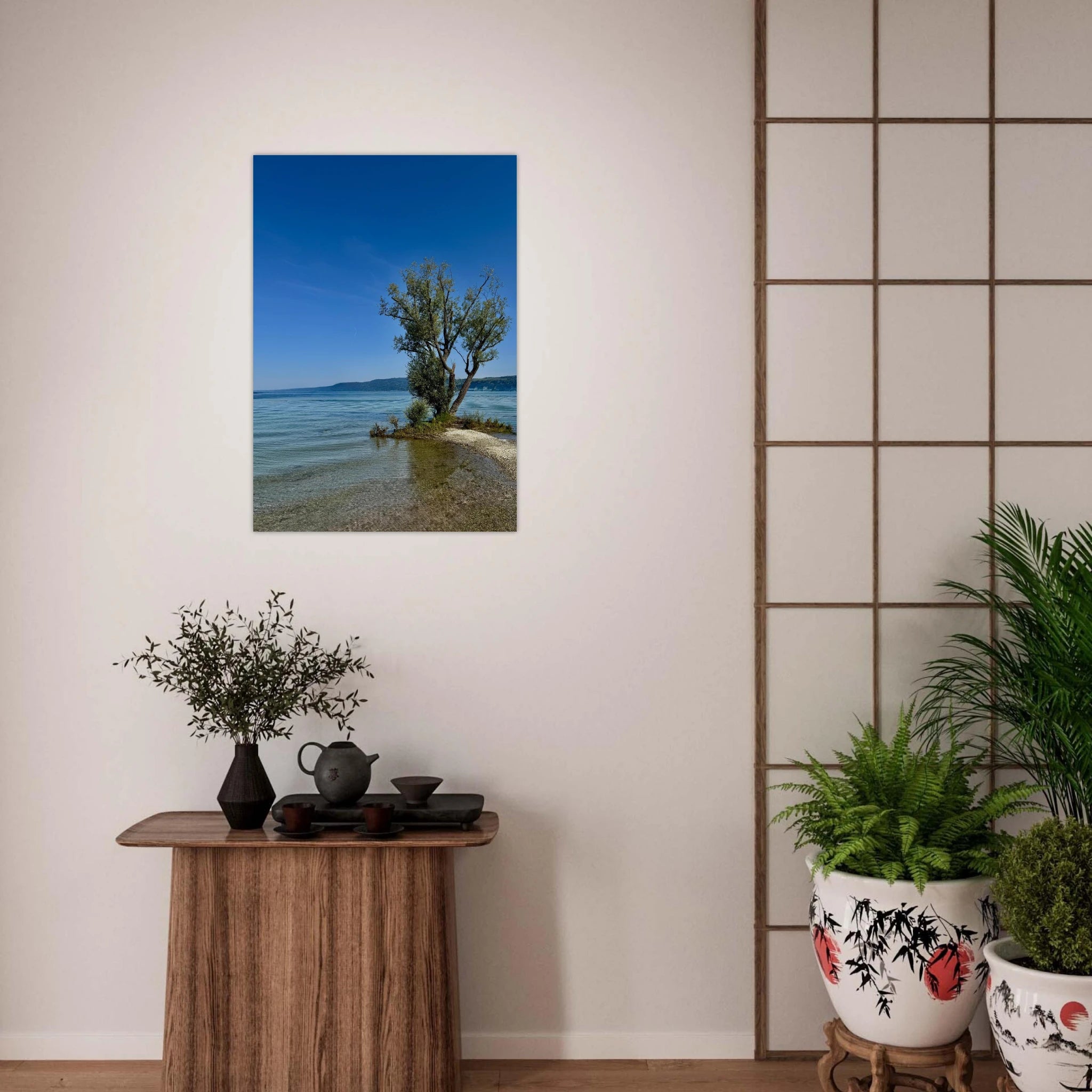 Aluminum print of a majestic tree on a European lake, nature-inspired wall art from the Travel Collection by My Store.