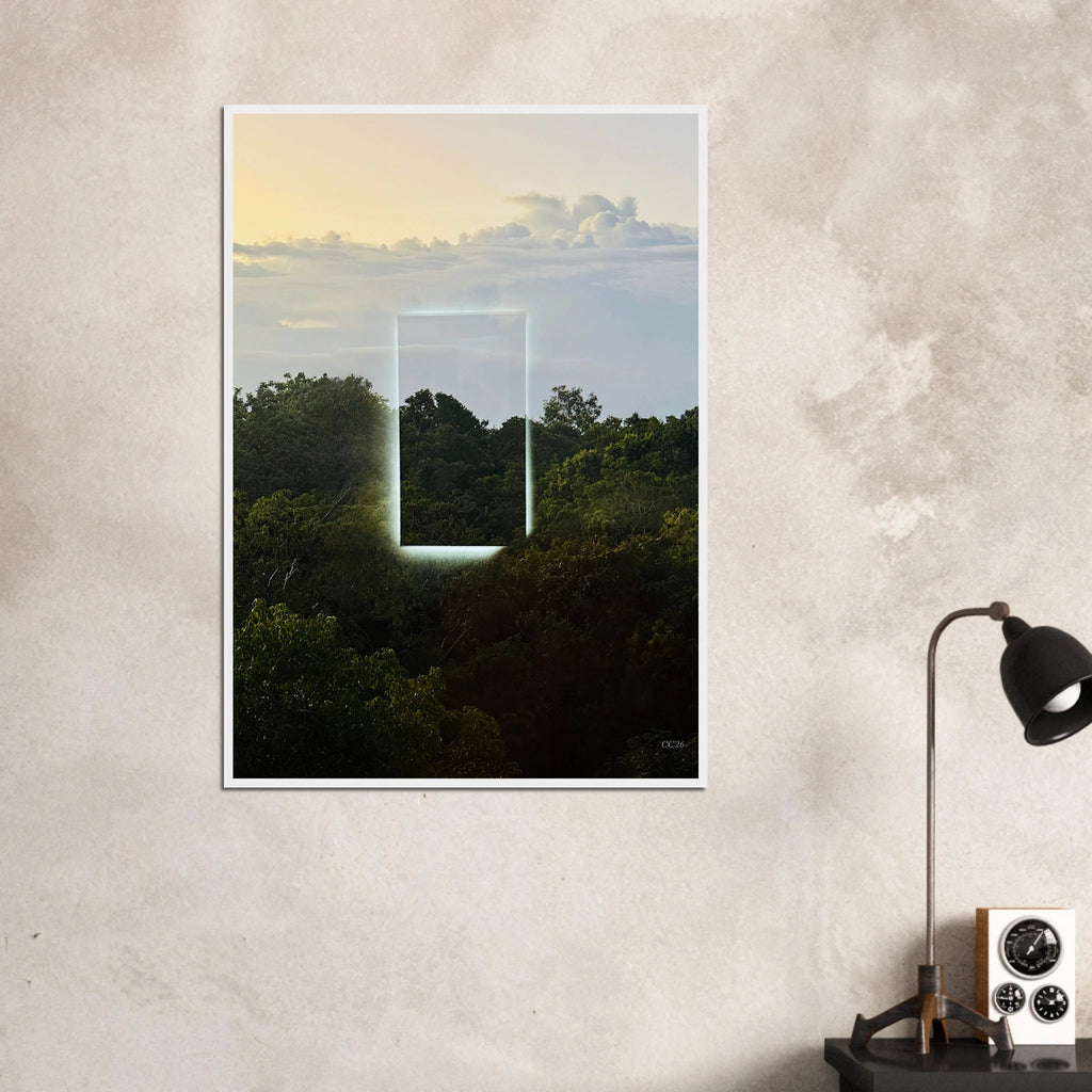 Color print titled "A Window into Jungle Stillness" by CaliCuration, featuring a lush jungle scene viewed through a window.