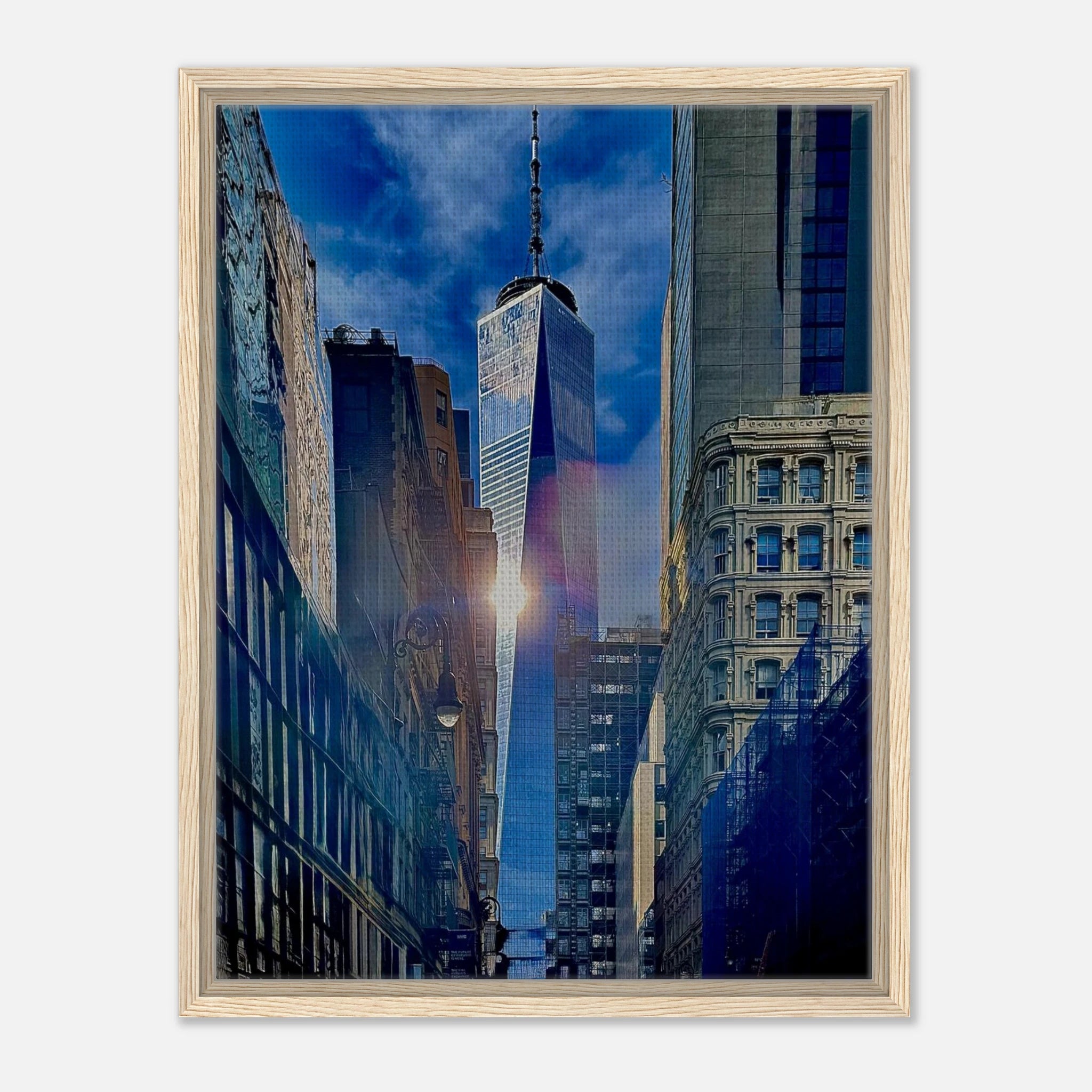 Framed canvas print of sunlight reflection at One World Trade NYC, part of the Travel Collection by My Store, studio edition artwork.