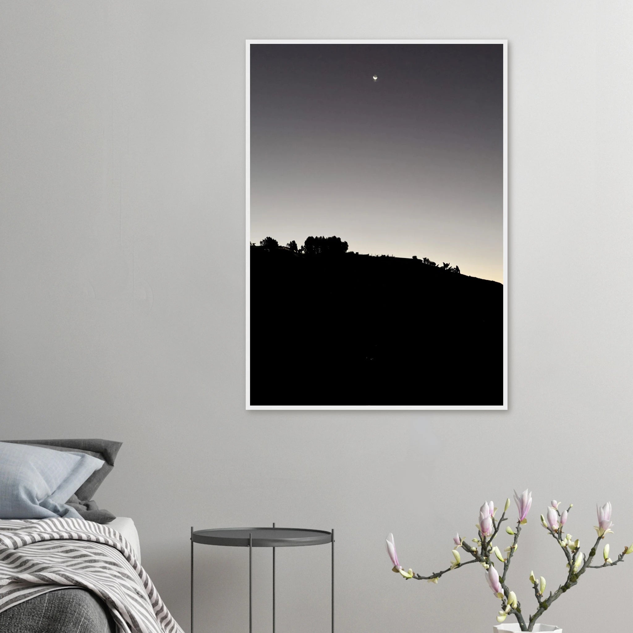 Black and white semi-glossy poster print of Hollywood Hills moonrise scene with wooden frame, California-themed art by My Store.