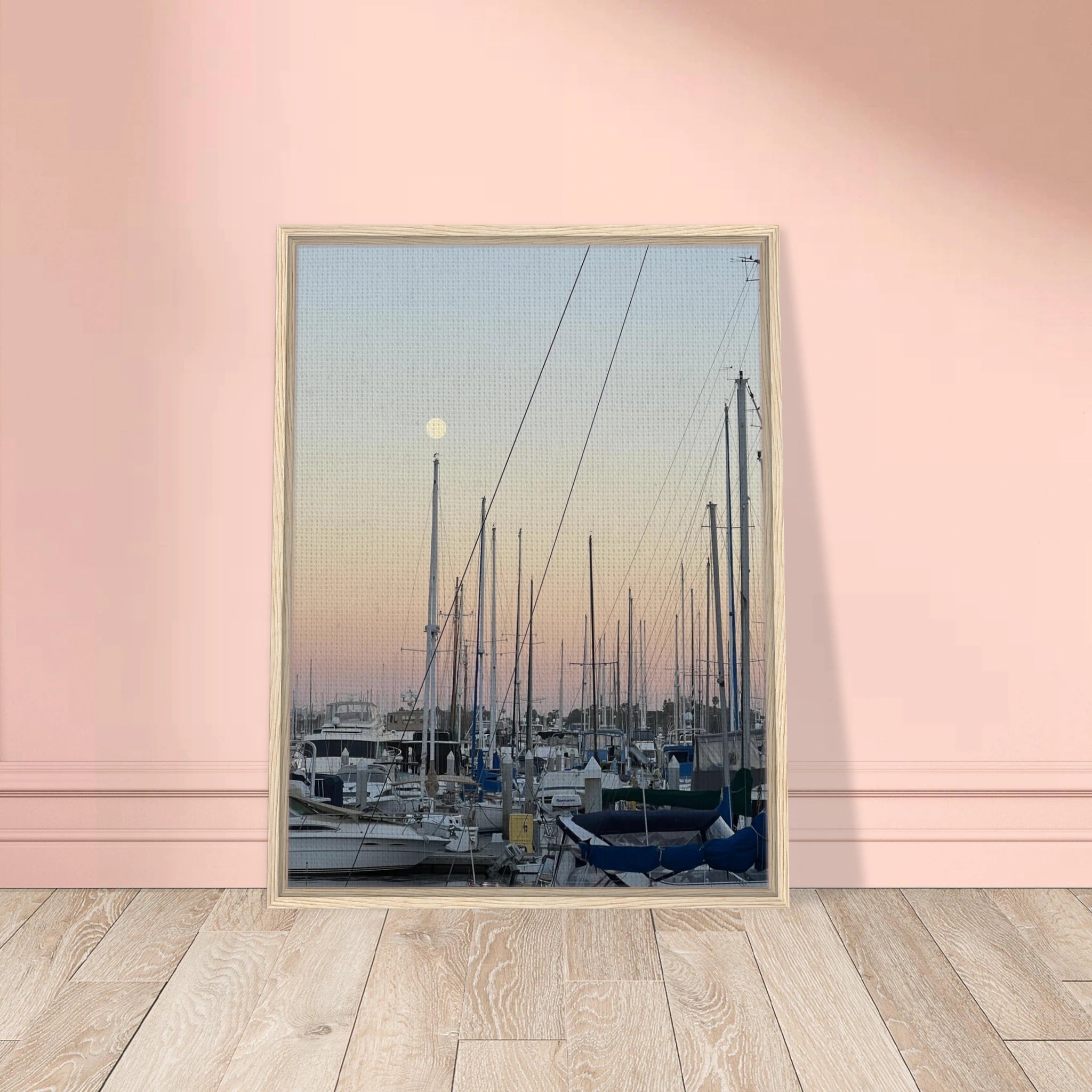 Framed canvas print of a summer evening marina scene in Marina Del Rey, California with nautical and chic tones.