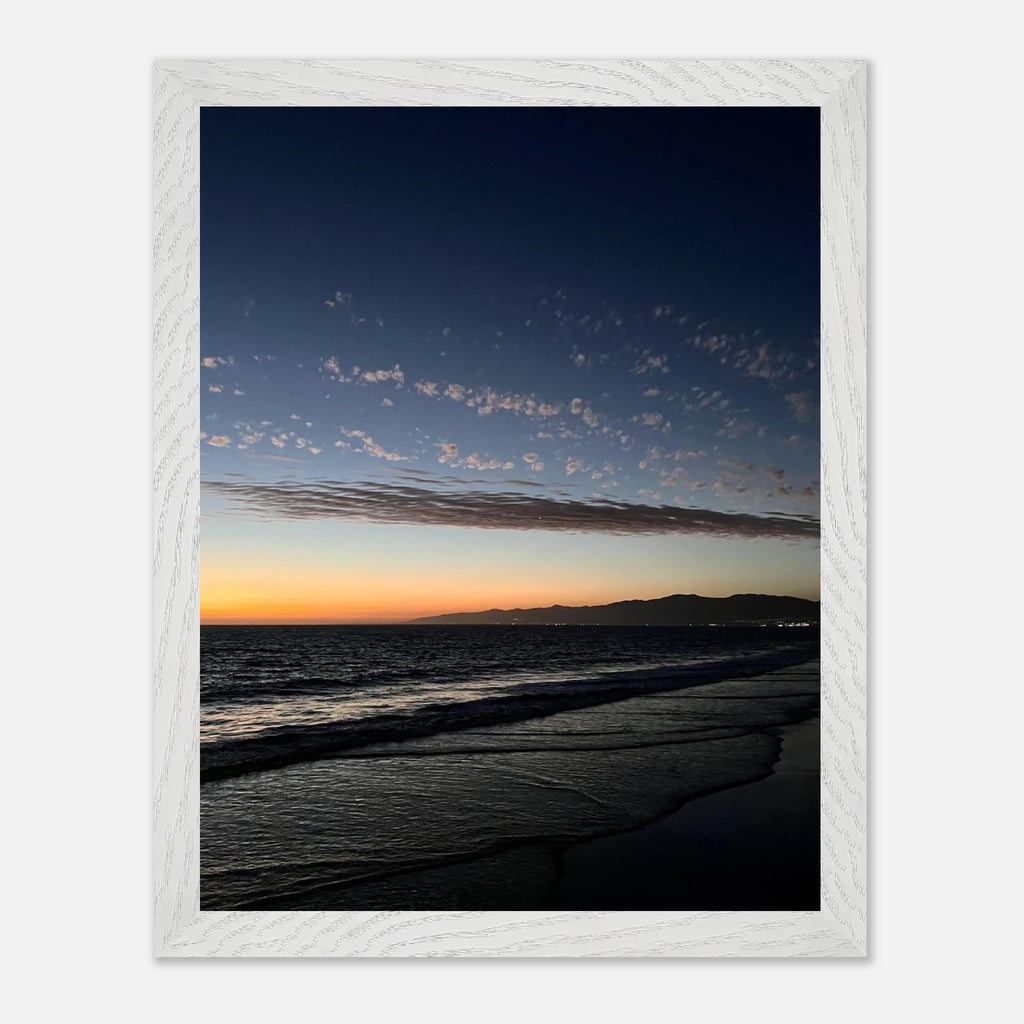 Premium wooden framed poster of a vibrant SoCal fall sunset, depicting California scenery in semi-glossy artwork for home decor.