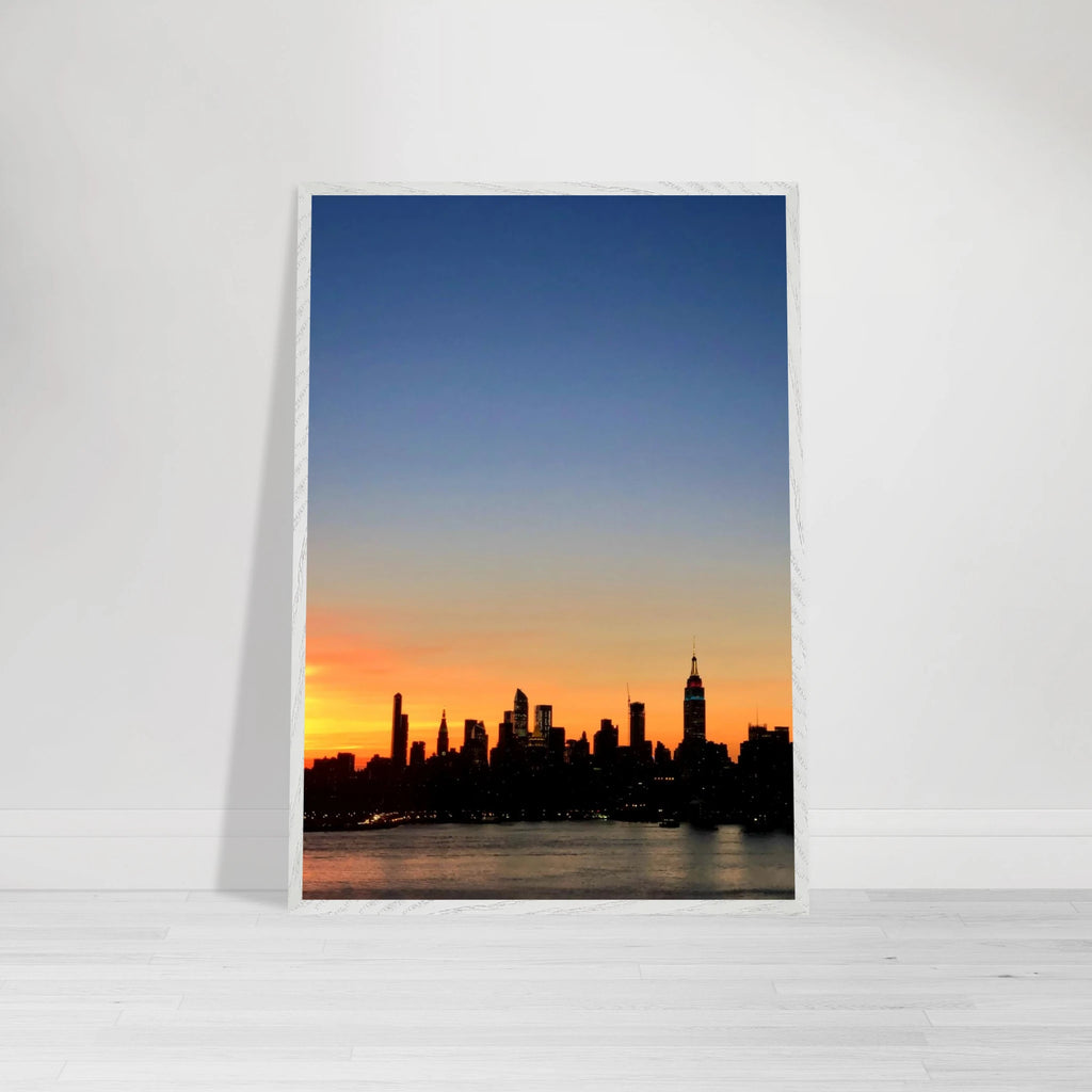 Manhattan Skyline sunset framed poster featuring NYC wall art on high-quality print material, showcasing a vibrant cityscape.