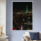 Wood-mounted framed poster of NYC downtown night view with Empire State Building, part of Studio Edition Travel Collection.