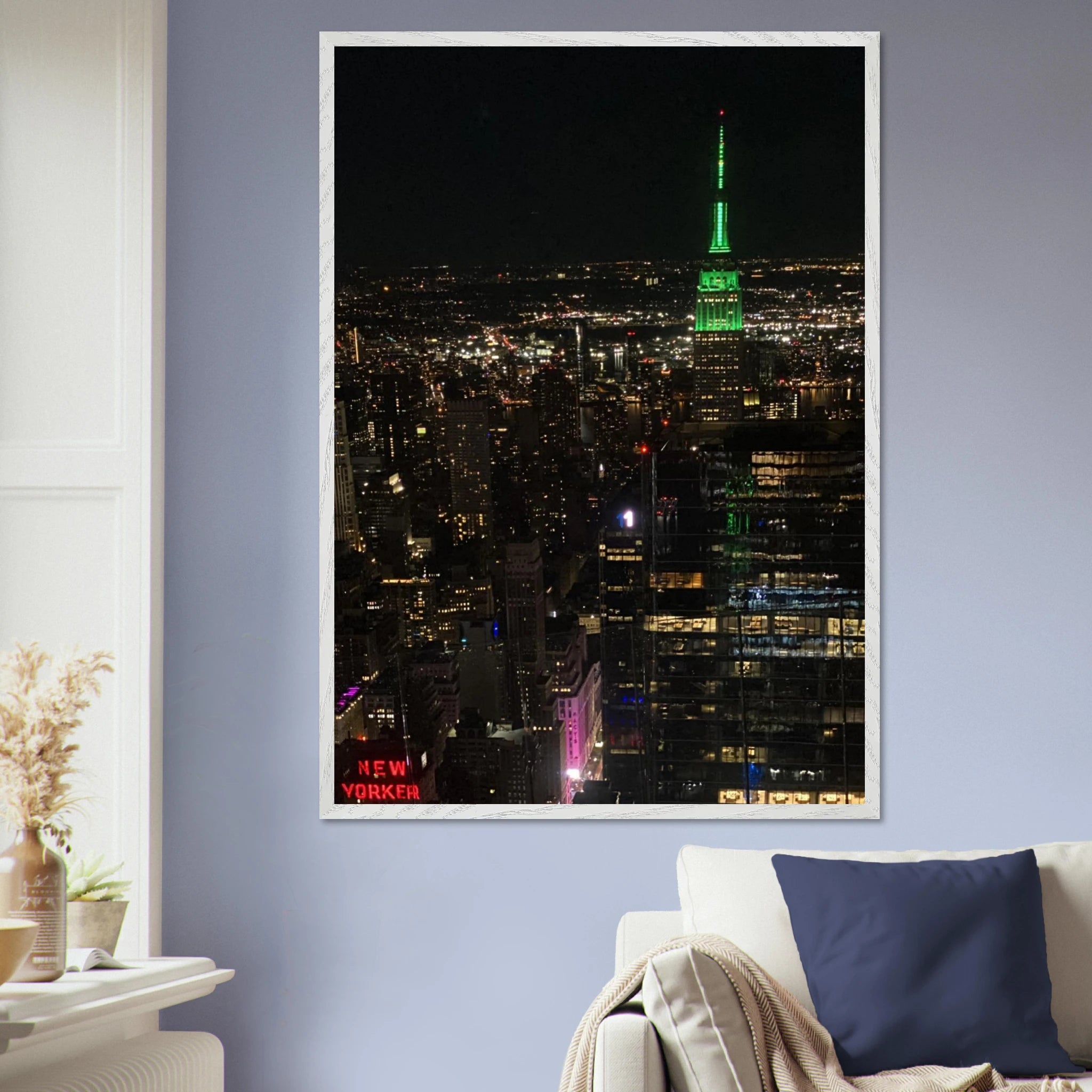 Wood-mounted framed poster of NYC downtown night view with Empire State Building, part of Studio Edition Travel Collection.