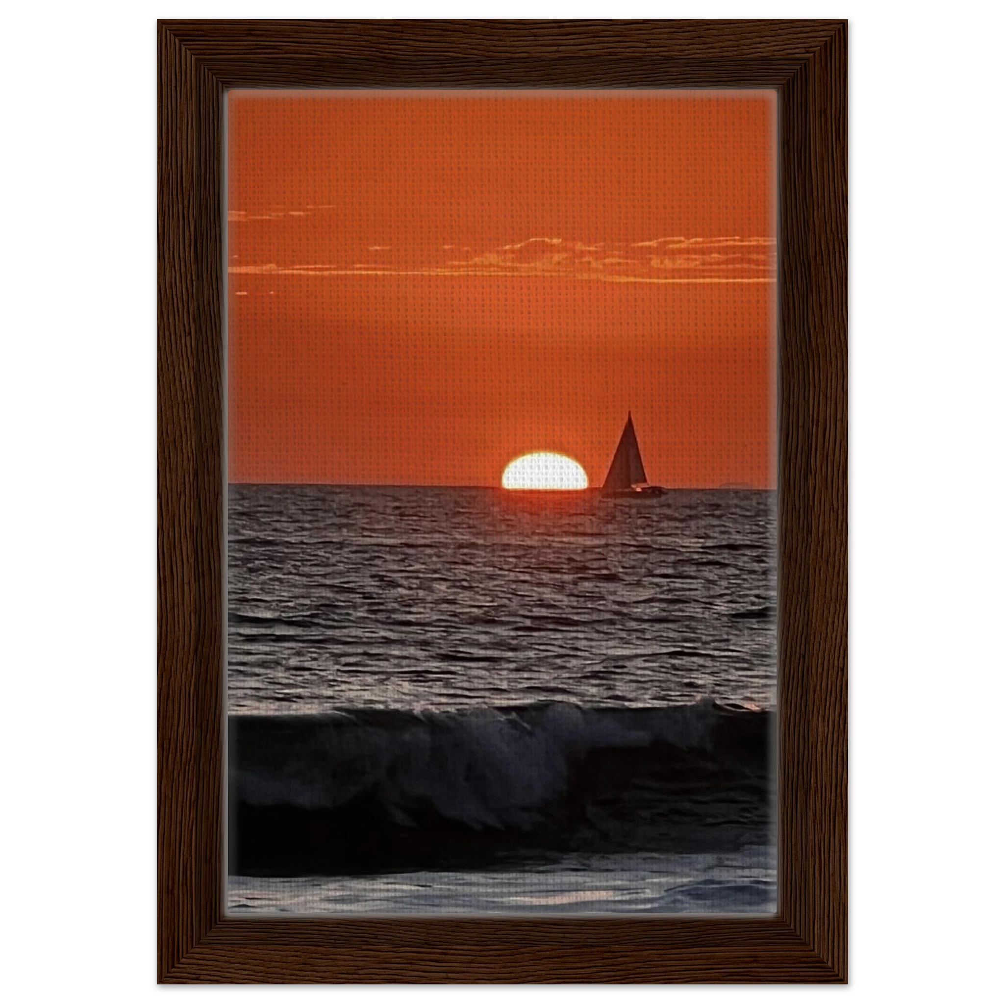 Wooden framed canvas print of California Red Sunset Series 4/4 by CaliCuration, featuring vibrant red hues and sunset scene.