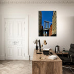 NYC Dumbo skyline wooden framed print by CaliCuration featuring spring day travel-inspired wall art.