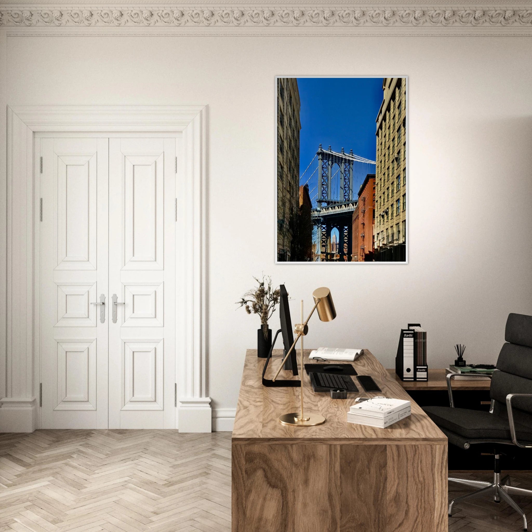 NYC Dumbo skyline wooden framed print by CaliCuration featuring spring day travel-inspired wall art.