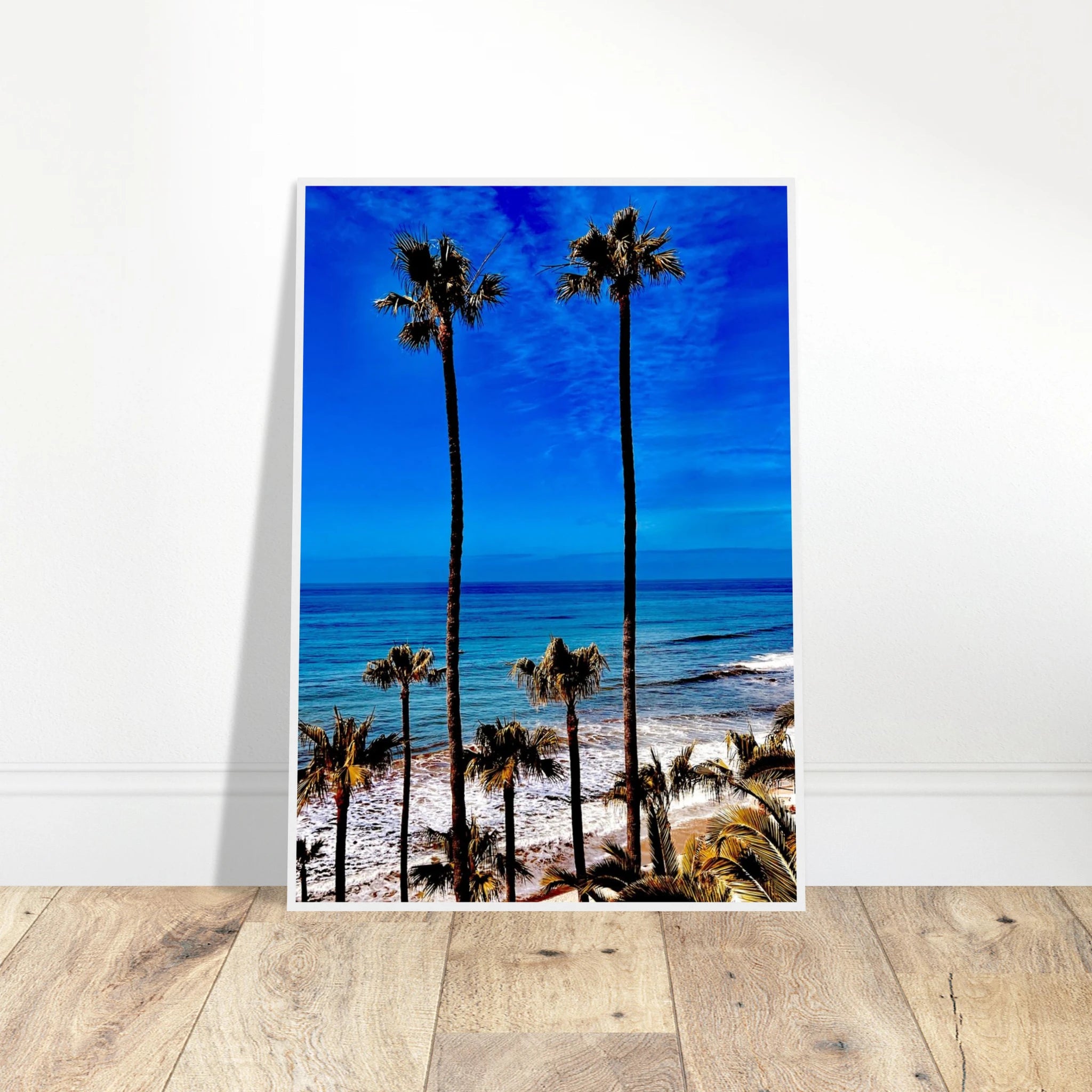 Malibu Palm Tree Family framed poster by CaliCuration, California art print with spring-themed design, featuring palm trees and coastal scenery.