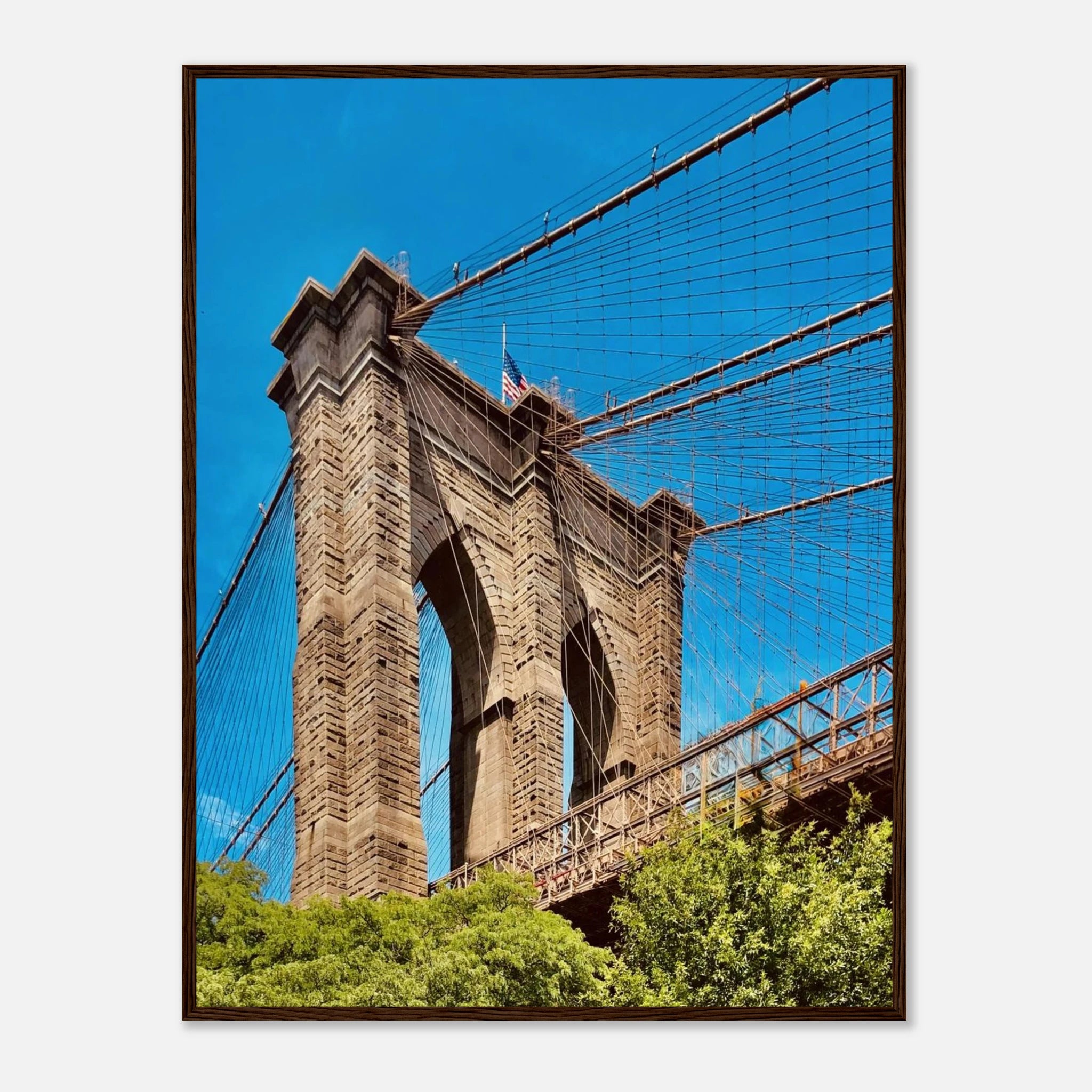 Framed NYC Brooklyn Bridge poster featuring a stunning Dumbo view from the Studio Edition print, ideal for travel-themed home decor.