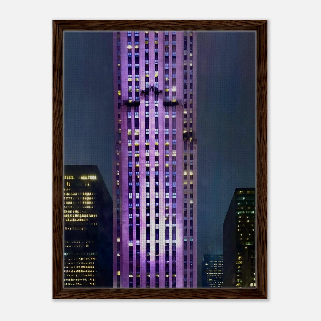NYC holiday skyline framed canvas art in purple, featuring a vibrant cityscape from the Travel Collection, Studio Edition.