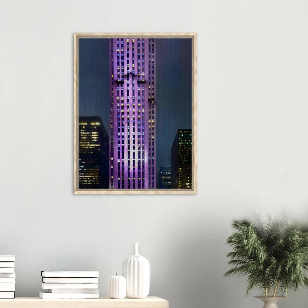 Framed canvas print of NYC holiday skyline in purple hues, part of Studio Edition Travel Collection, showcasing vibrant cityscape art.