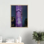 Framed canvas print of NYC holiday skyline in purple hues, part of Studio Edition Travel Collection, showcasing vibrant cityscape art.
