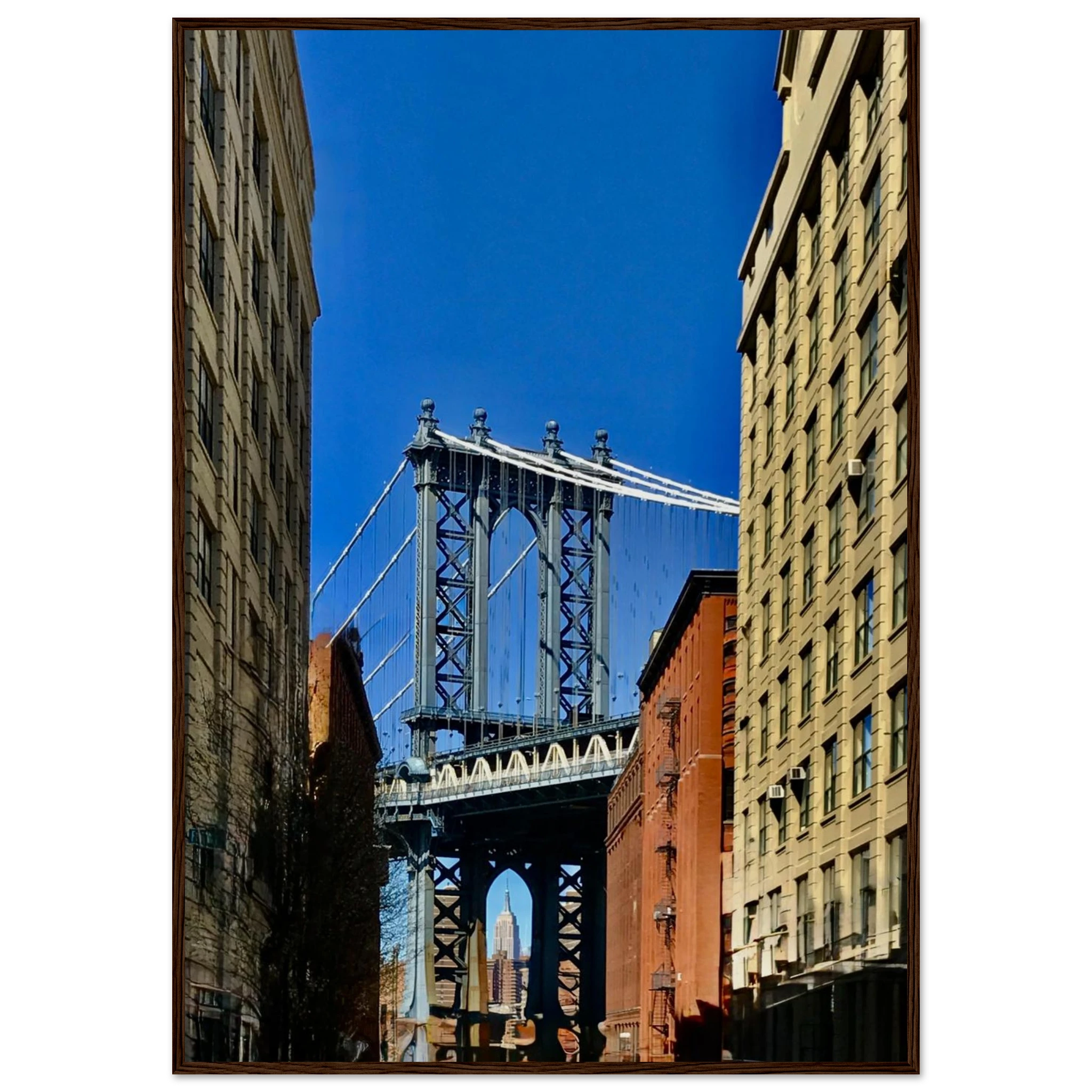 Wooden framed print of the NYC Dumbo skyline, showcasing spring day scenery, from CaliCuration's travel collection wall art.