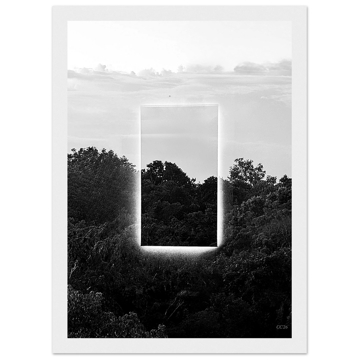 Black and white print titled "A Window into Jungle Stillness" by CaliCuration, showcasing a tranquil jungle scene.