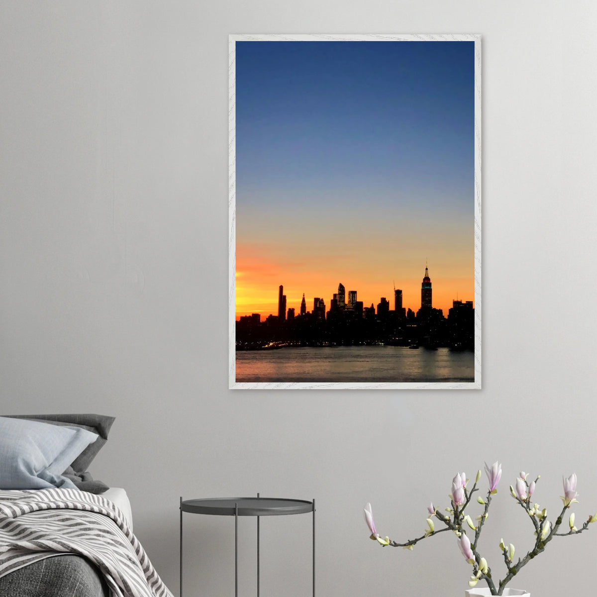 Manhattan skyline sunset framed poster featuring NYC wall art with vibrant cityscape print on quality material.
