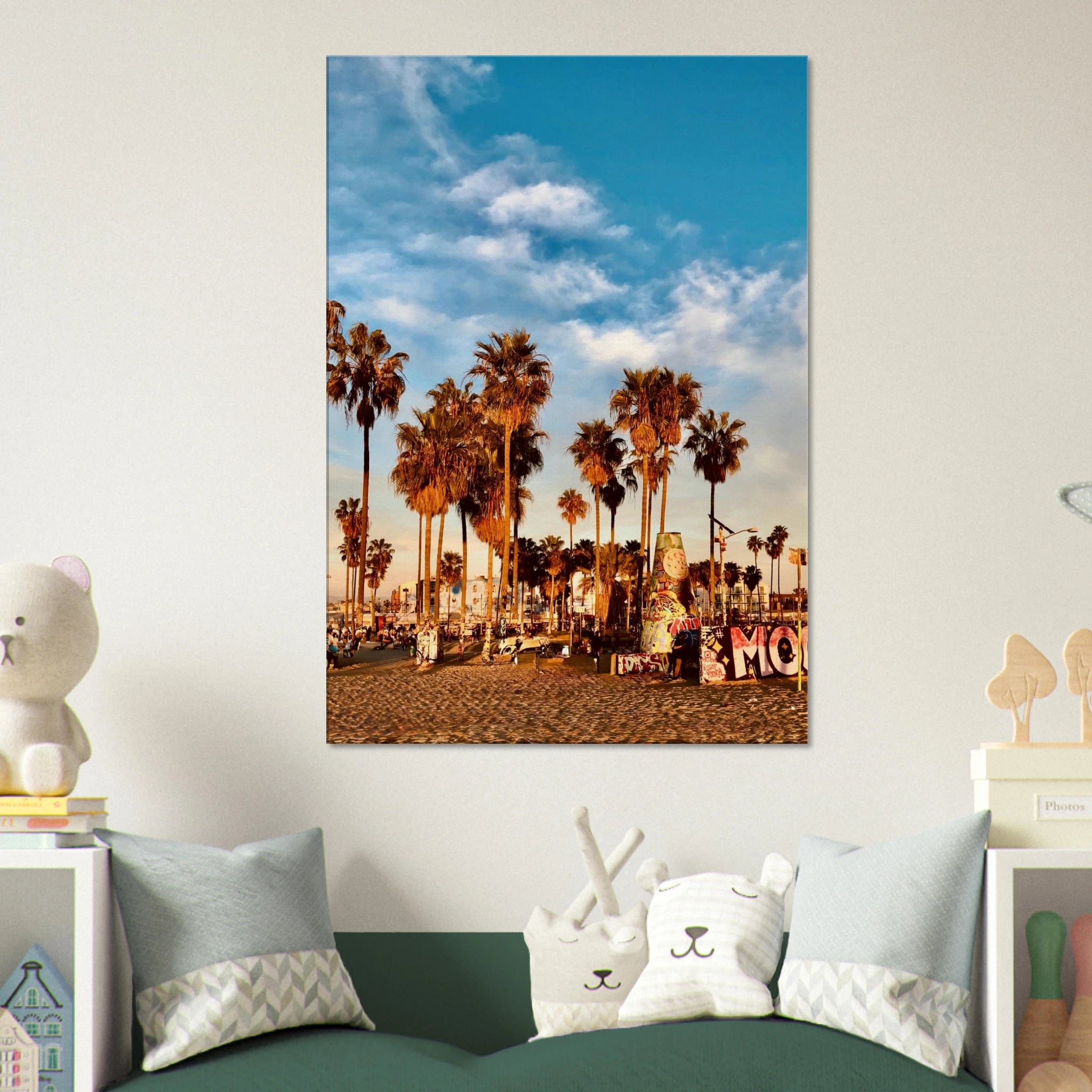 SoCal Beach canvas print featuring edgy palm trees and graffiti design, California-themed studio edition wall art.
