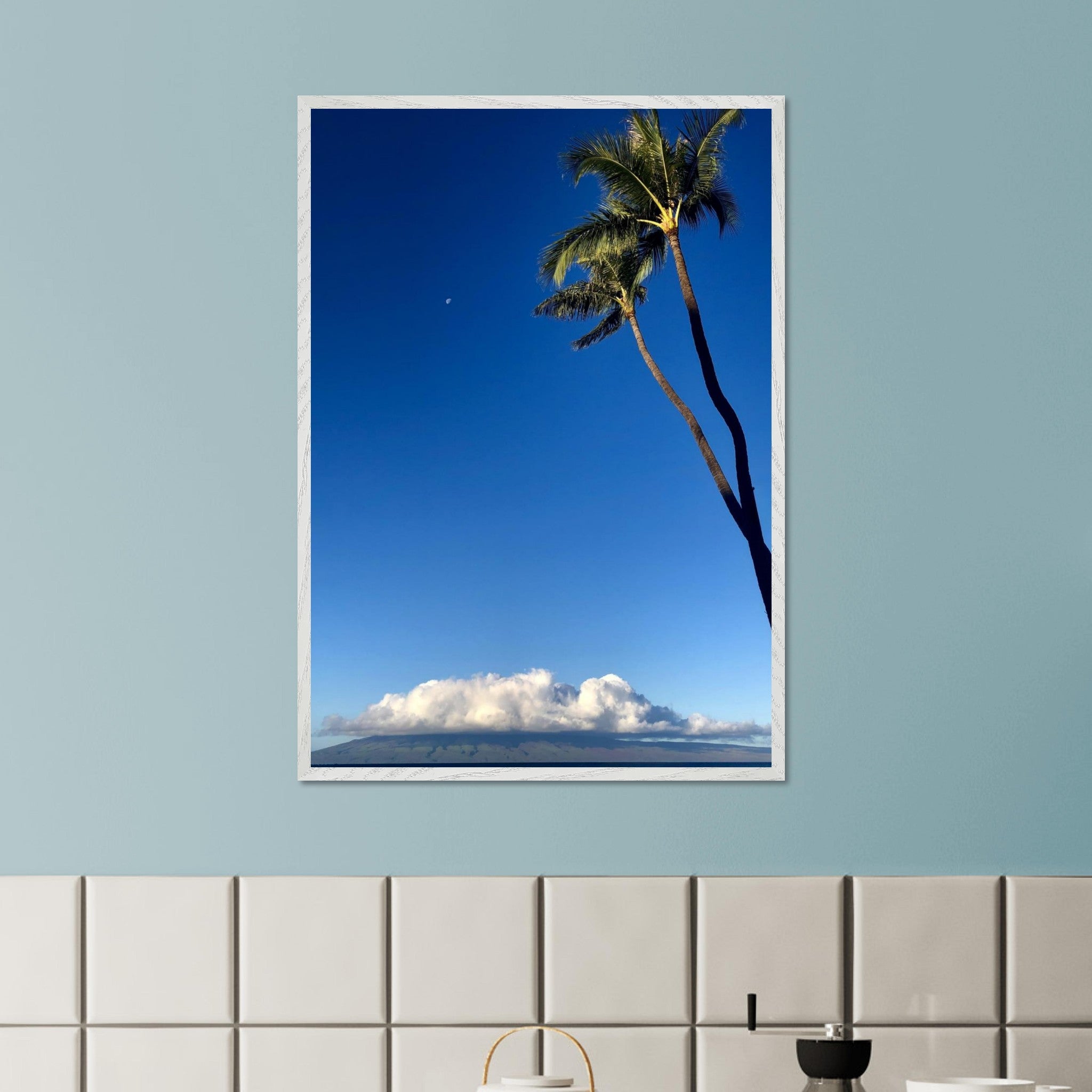 Hawaii Volcano Clouds and Pacific scene framed print by CaliCuration, showcasing vibrant volcanic and ocean views in a travel collection.