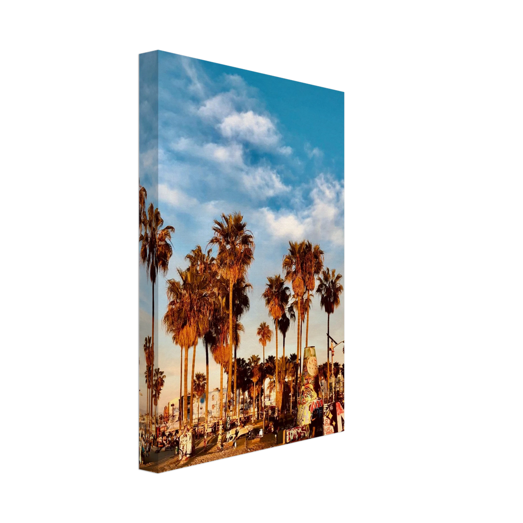 SoCal Beach canvas print featuring palm trees and graffiti-inspired California wall art on high-quality print material.
