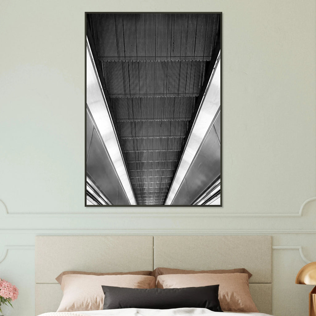 Black and white framed print of London Tube escalator abstract artwork from the Travel Collection studio edition.