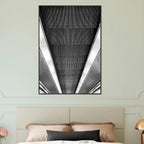 Black and white framed print of London Tube escalator abstract artwork from the Travel Collection studio edition.