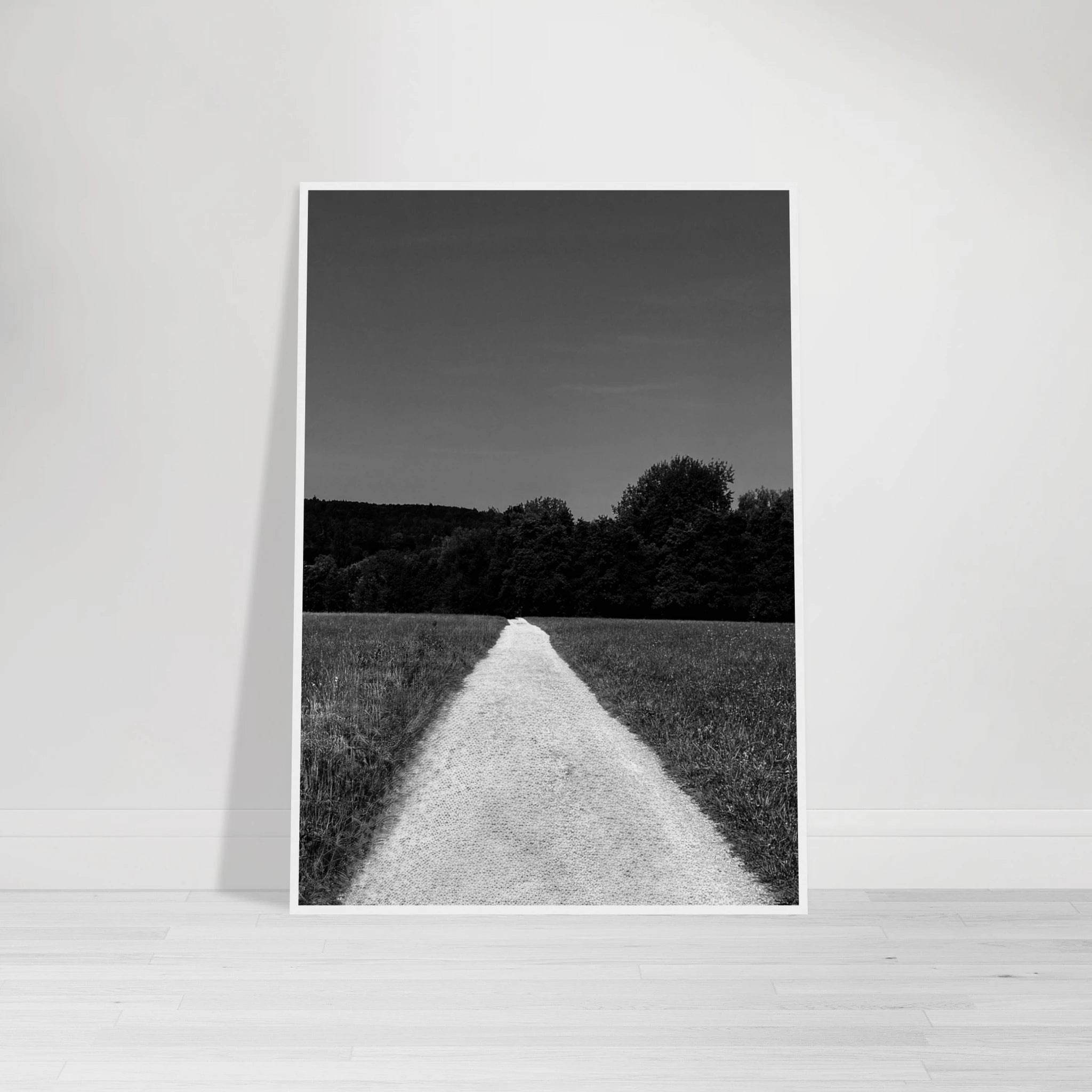 Semi-glossy paper wooden framed poster of a black and white summer road scene from the Travel Collection Studio Edition.