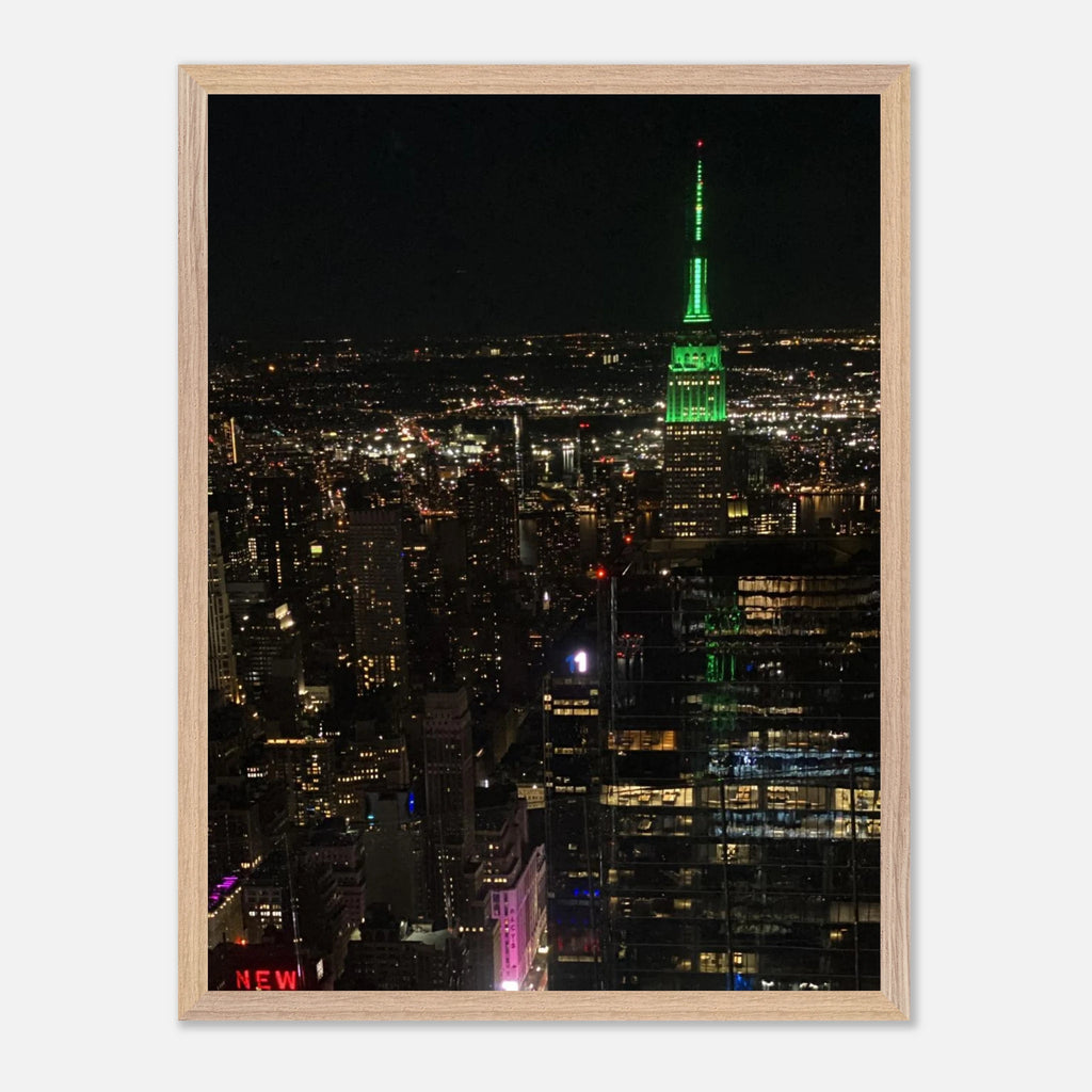 Wood mounted framed poster of NYC downtown night view featuring the Empire State Building from the Travel Collection print by My Store.
