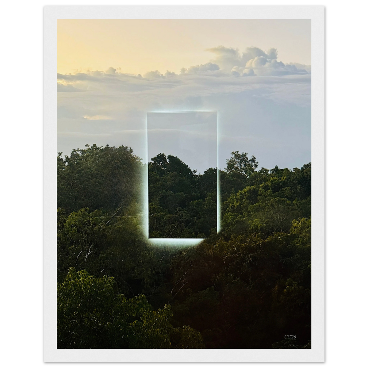 Color print of "A Window into Jungle Stillness" by CaliCuration, showcasing vibrant jungle scene with lush greenery and tranquil atmosphere.