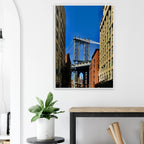NYC Dumbo skyline wooden framed print by CaliCuration, showcasing spring day cityscape wall art from the Travel Collection.