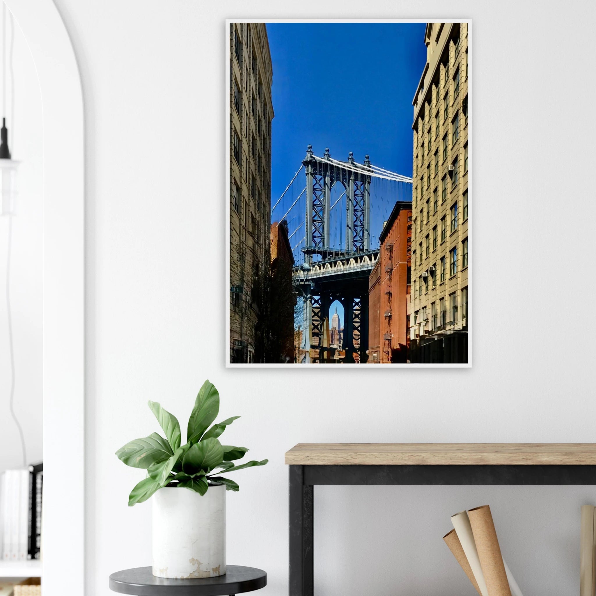 NYC Dumbo skyline wooden framed print by CaliCuration, showcasing spring day cityscape wall art from the Travel Collection.