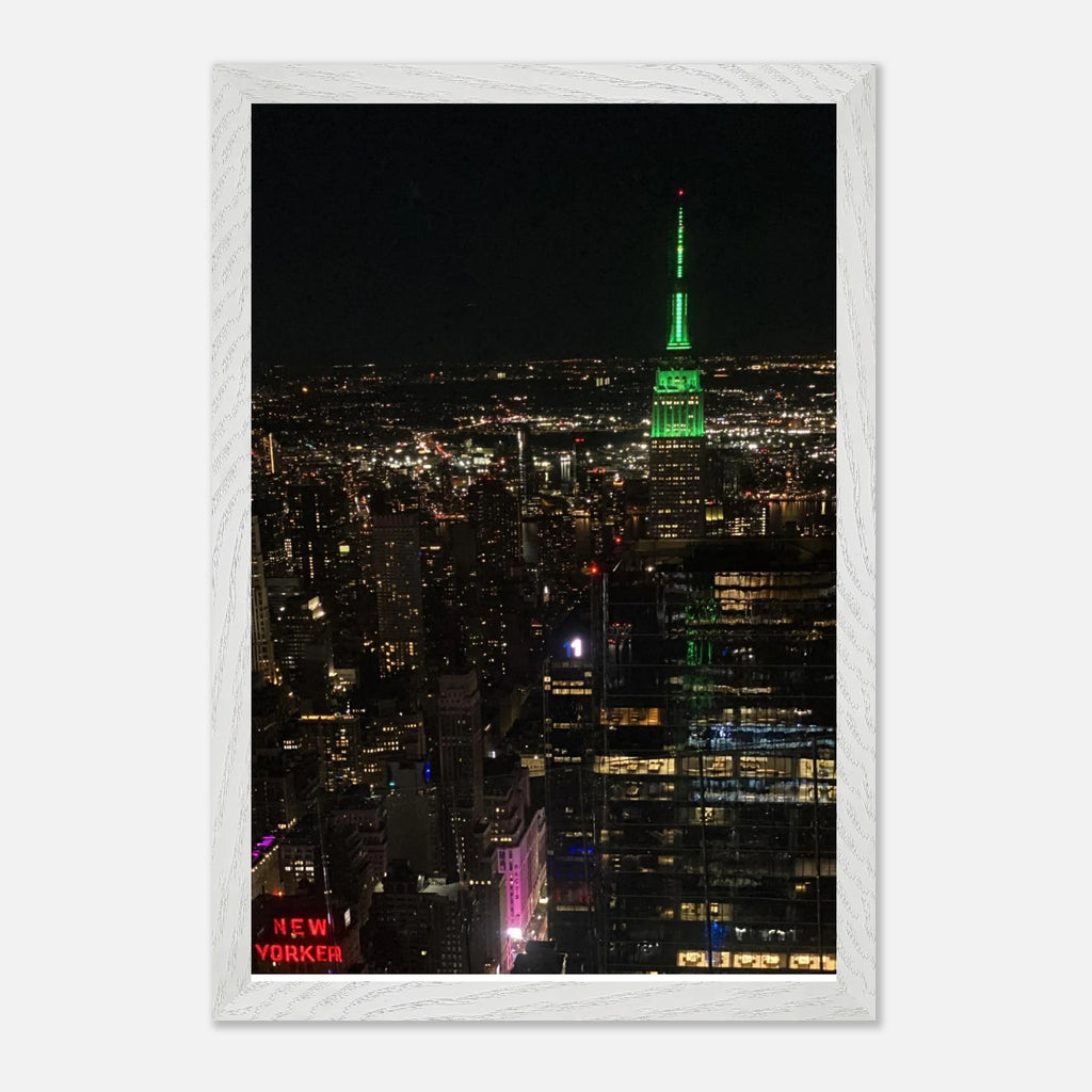 Wood mounted framed poster of NYC downtown night view with Empire State Building, from the Travel Collection, Studio Edition.