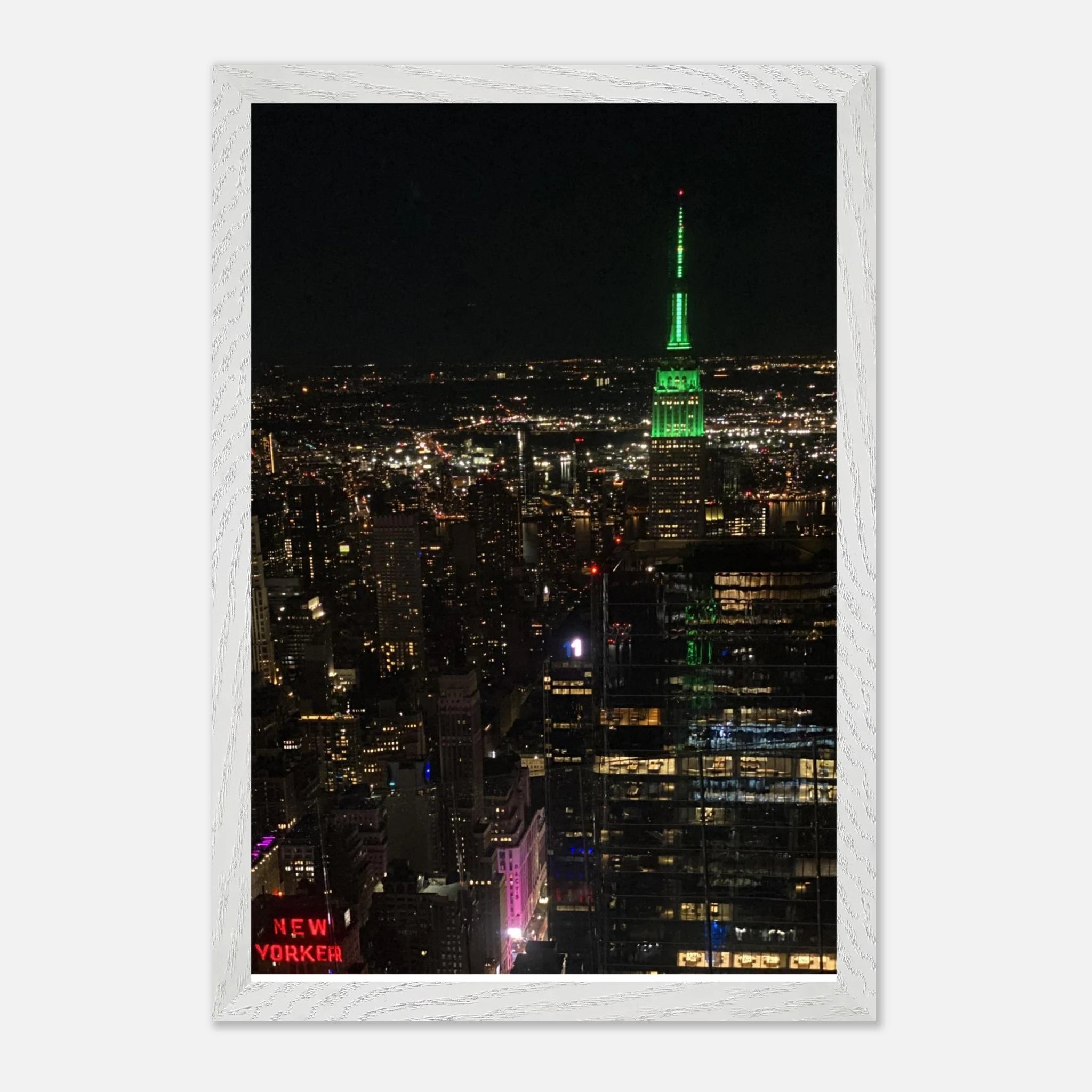 Wood mounted framed poster of NYC downtown night view with Empire State Building, from the Travel Collection, Studio Edition.