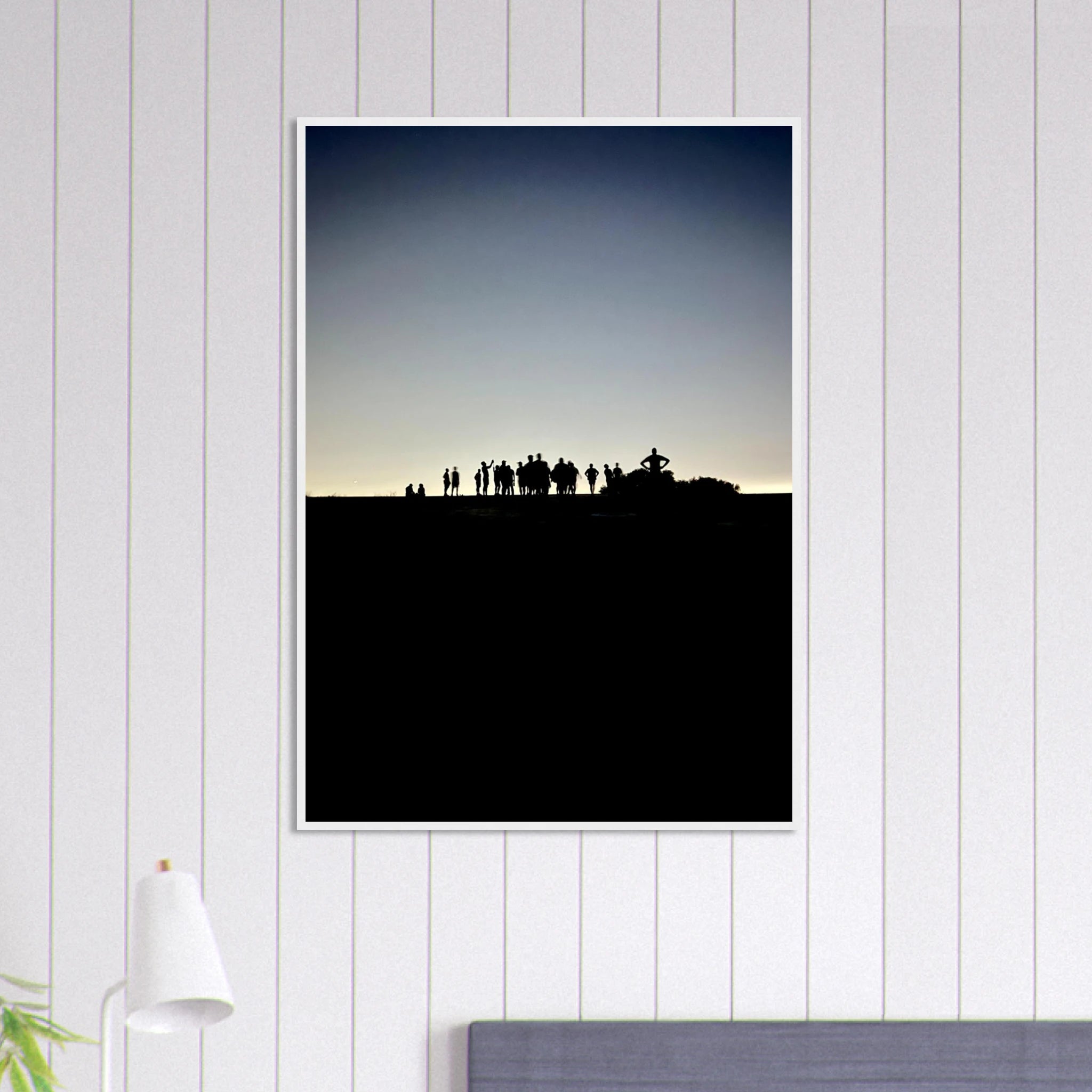 Black and white framed poster of Hollywood Hills city lights print, featuring California cityscape art from the Summer Hike series.