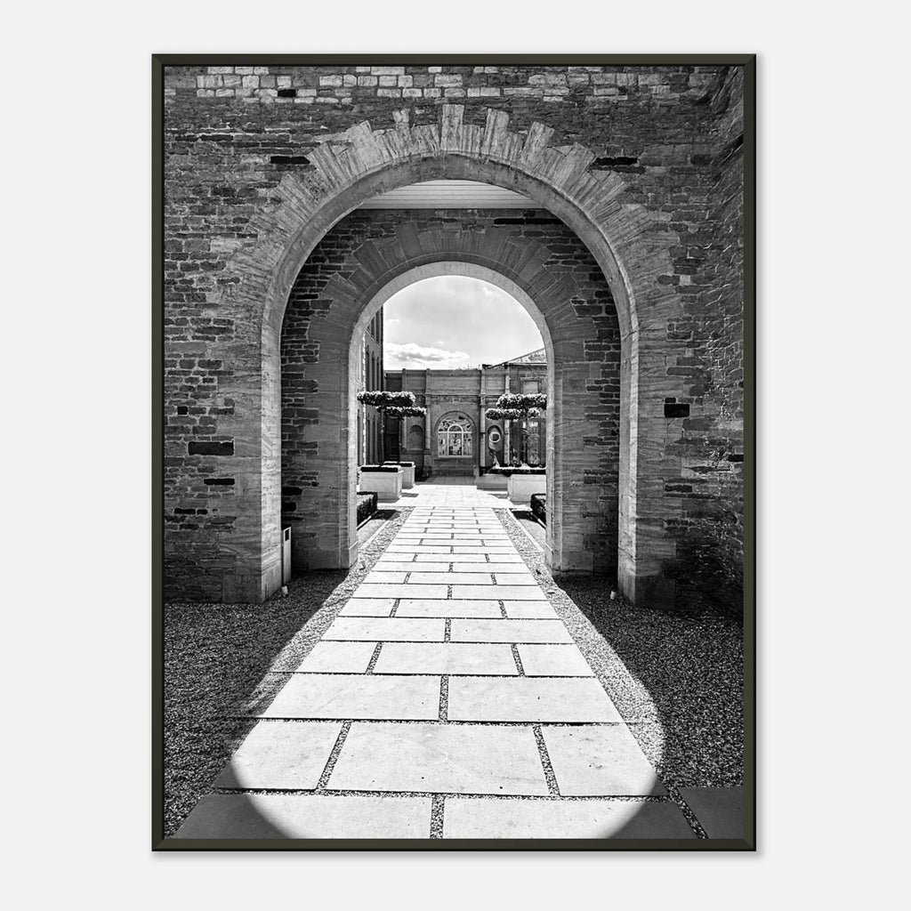 Black and white aluminum framed poster of summer light and shadows from the Cotswolds Estate travel collection, Studio Edition print.