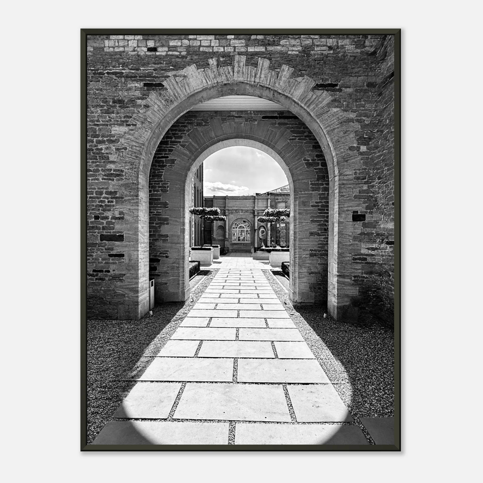 Black and white aluminum framed poster of summer light and shadows from the Cotswolds Estate travel collection by My Store.