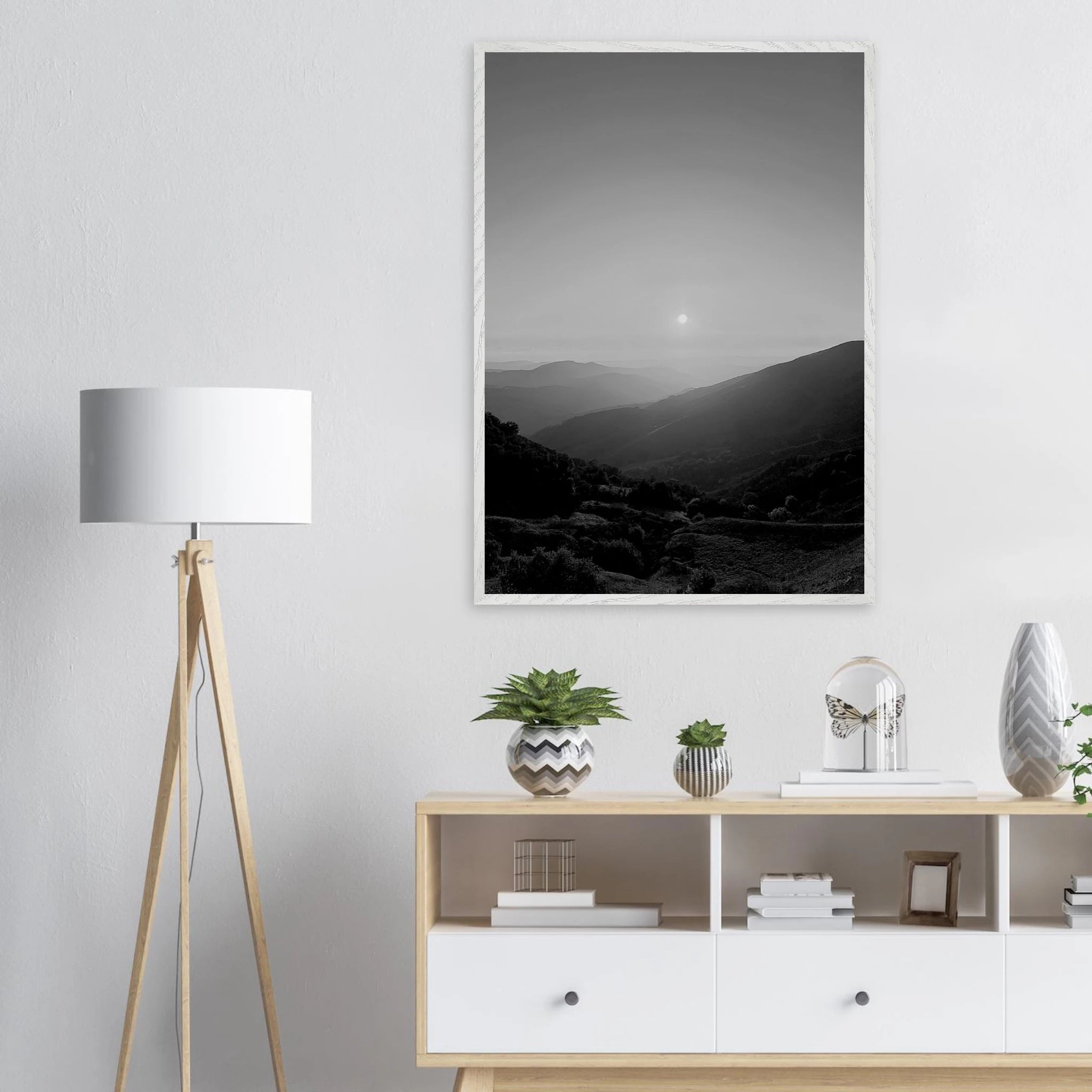 Black and white mounted framed poster of California Central Coast sunset from the Studio Edition travel collection, print material.