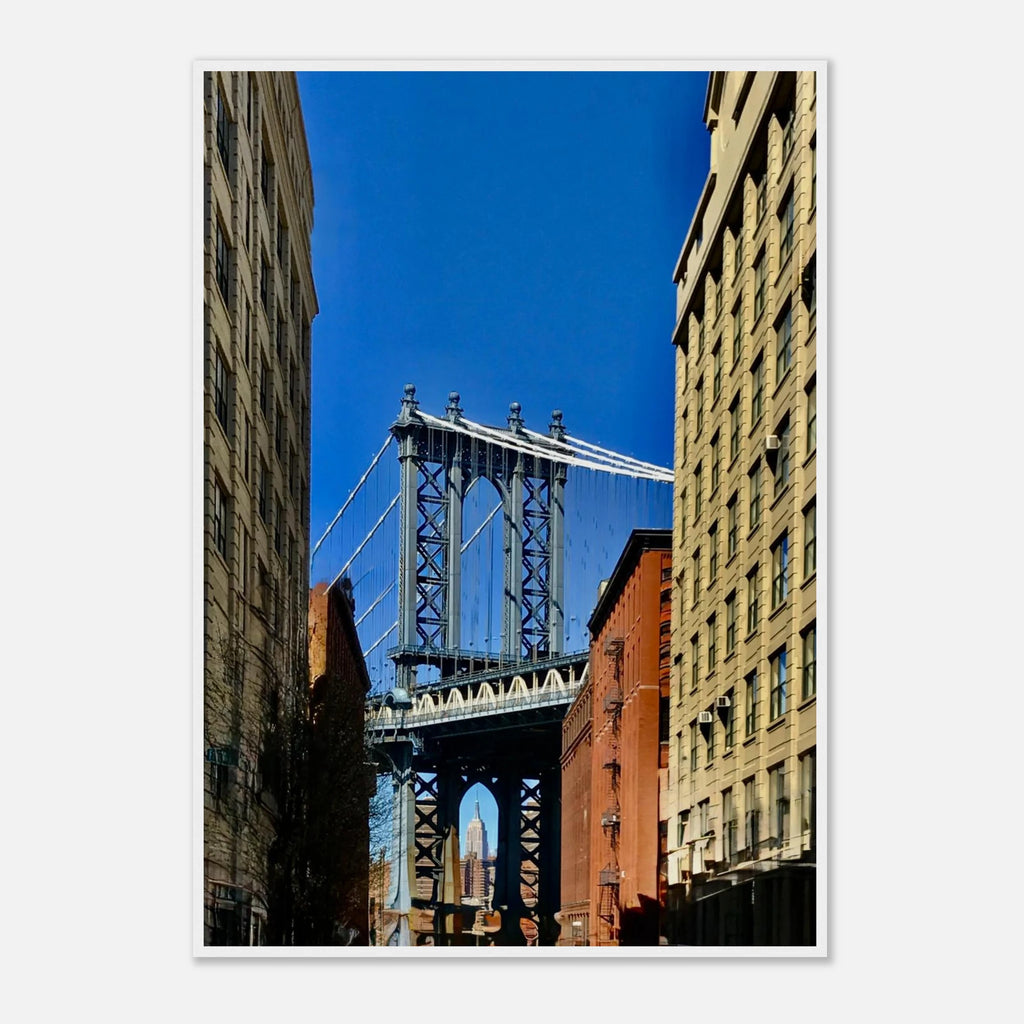 NYC Dumbo skyline wooden framed print by CaliCuration, spring day travel wall art from the Studio Edition collection.