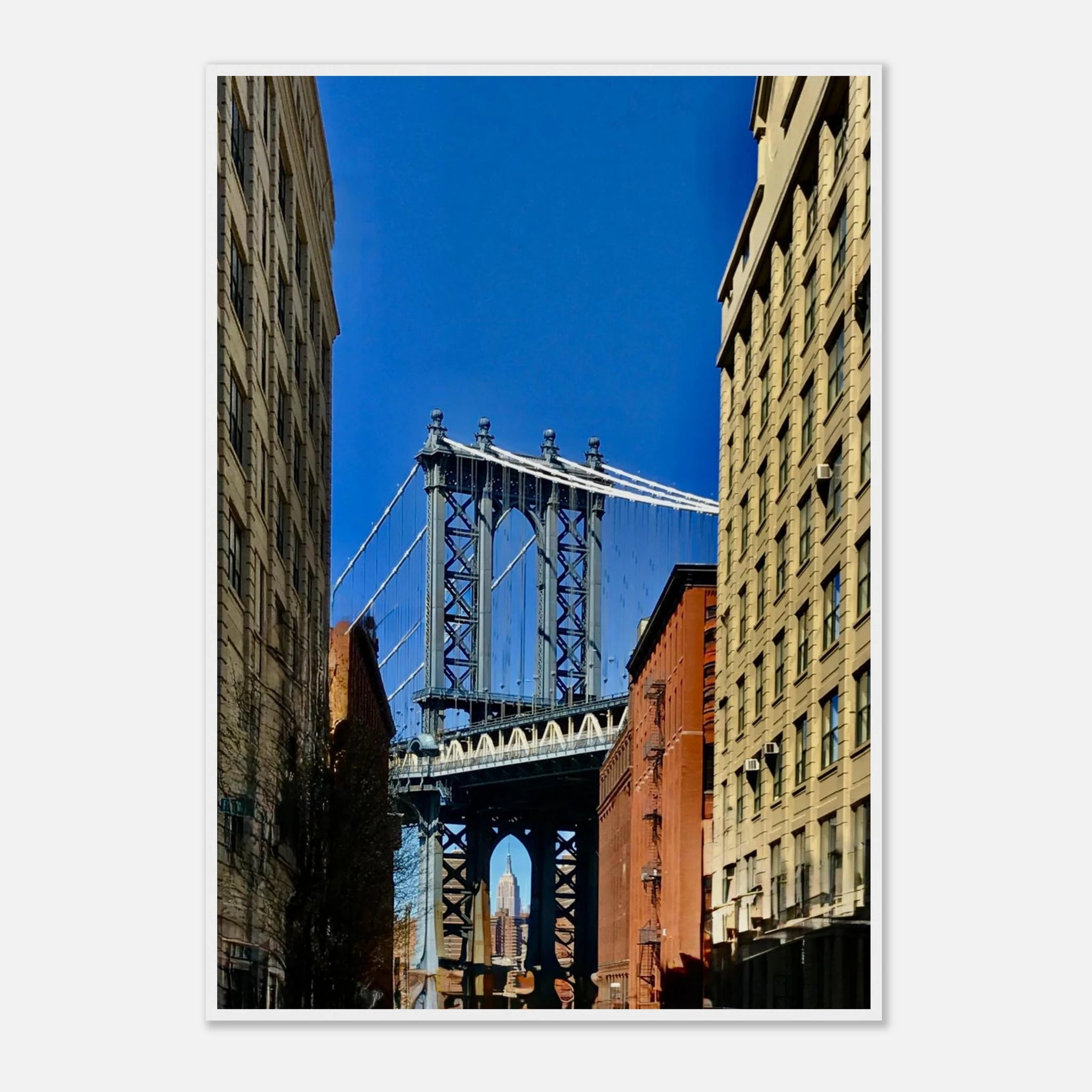 NYC Dumbo skyline wooden framed print by CaliCuration, spring day travel wall art from the Studio Edition collection.