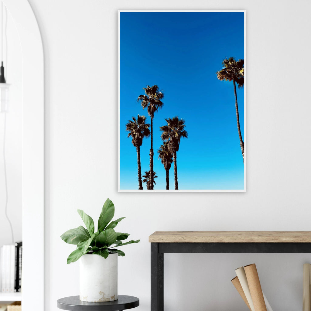 Santa Barbara Palm Tree poster by CaliCuration, framed wooden home decor art featuring California landscape on semi-glossy paper.