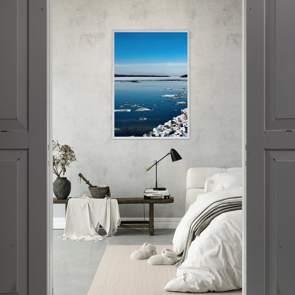 Wooden framed Hudson Valley Winter poster print showcasing snowy landscape, part of the Studio Edition holiday travel collection.