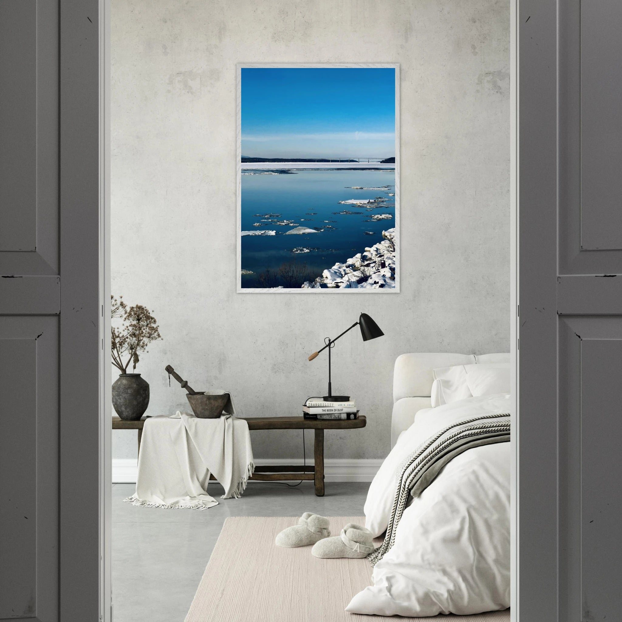 Wooden framed Hudson Valley Winter poster print showcasing snowy landscape, part of the Studio Edition holiday travel collection.